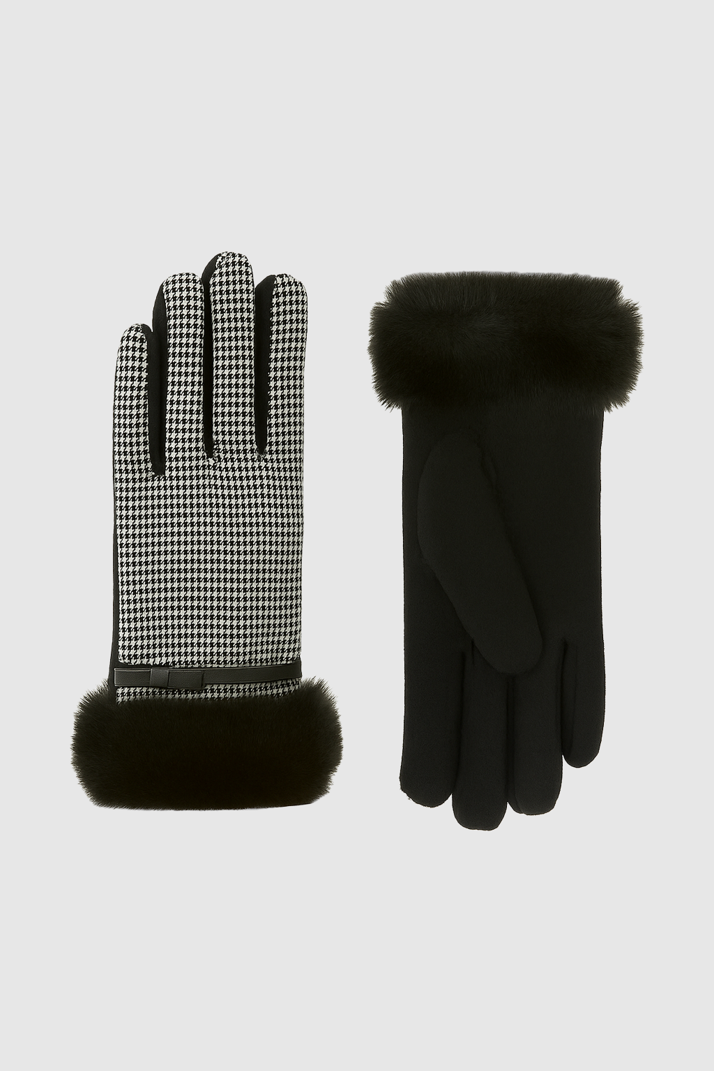 Houndstooth gloves with plush faux fur cuffs