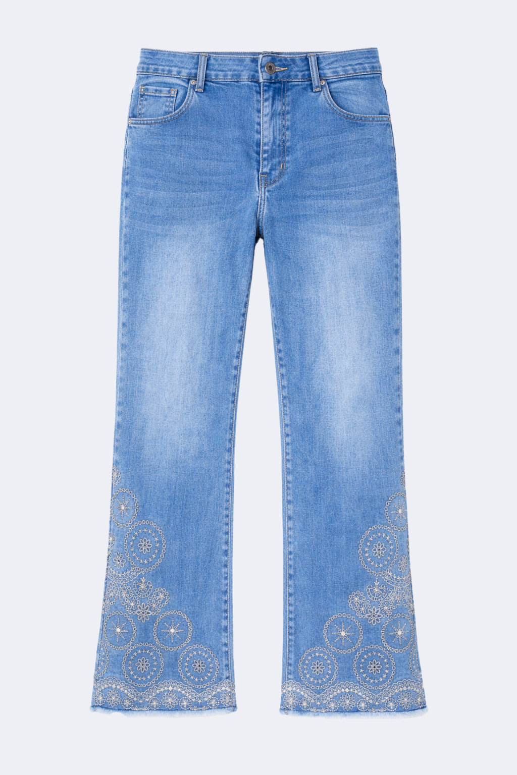 Flare leg embroidered hem jean