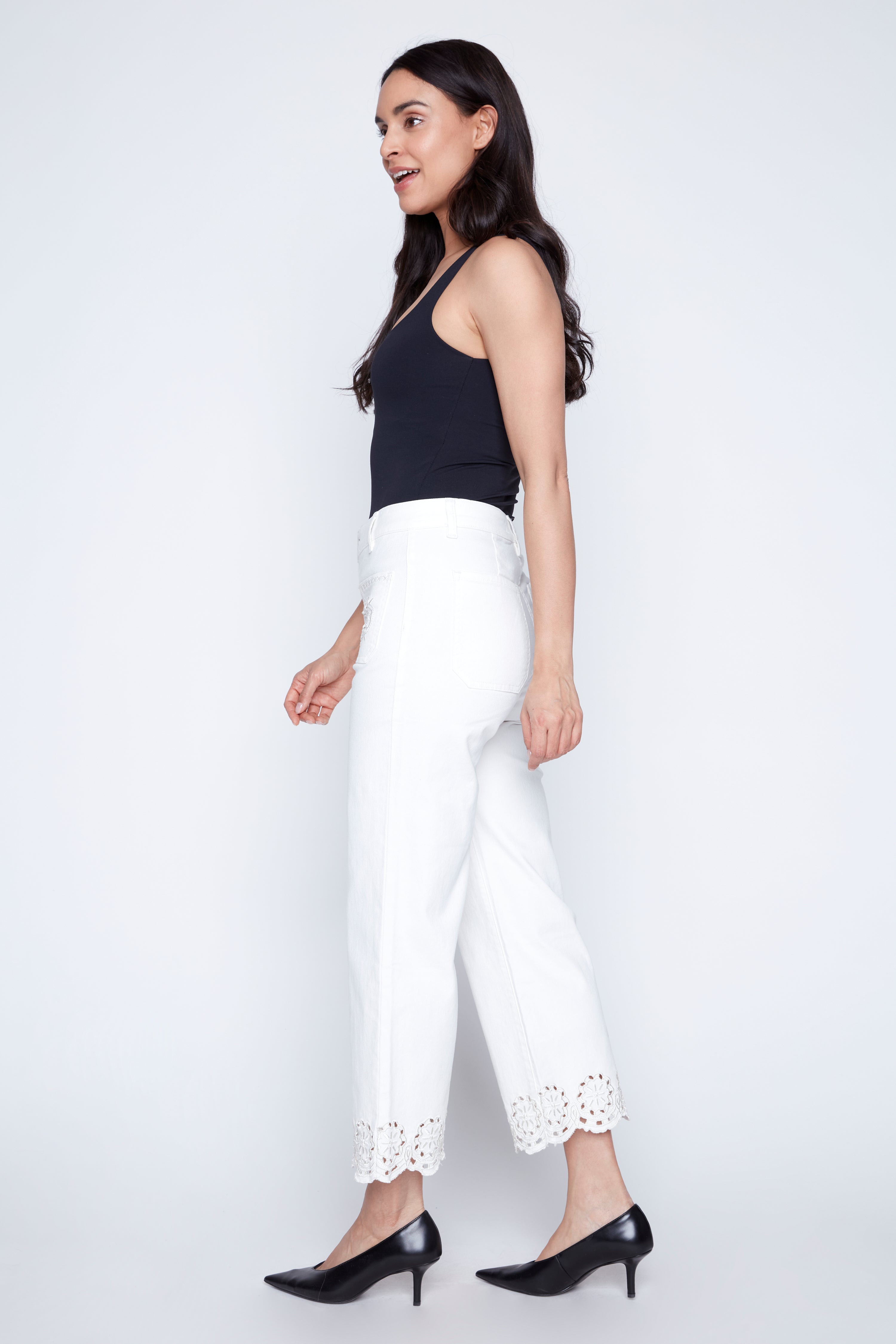 Flare leg eyelet embroidery hem jean