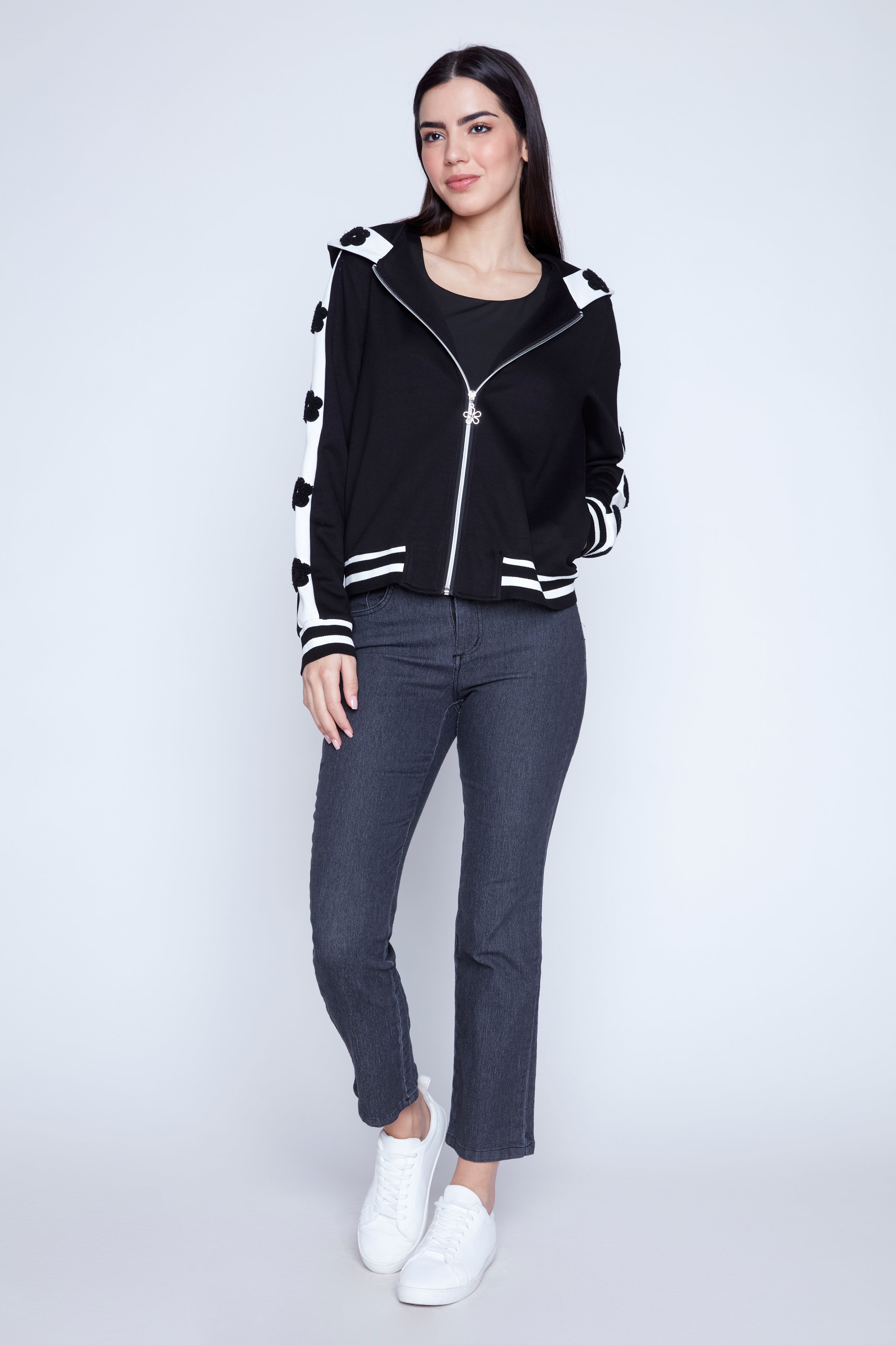 Flower applique hooded jacket