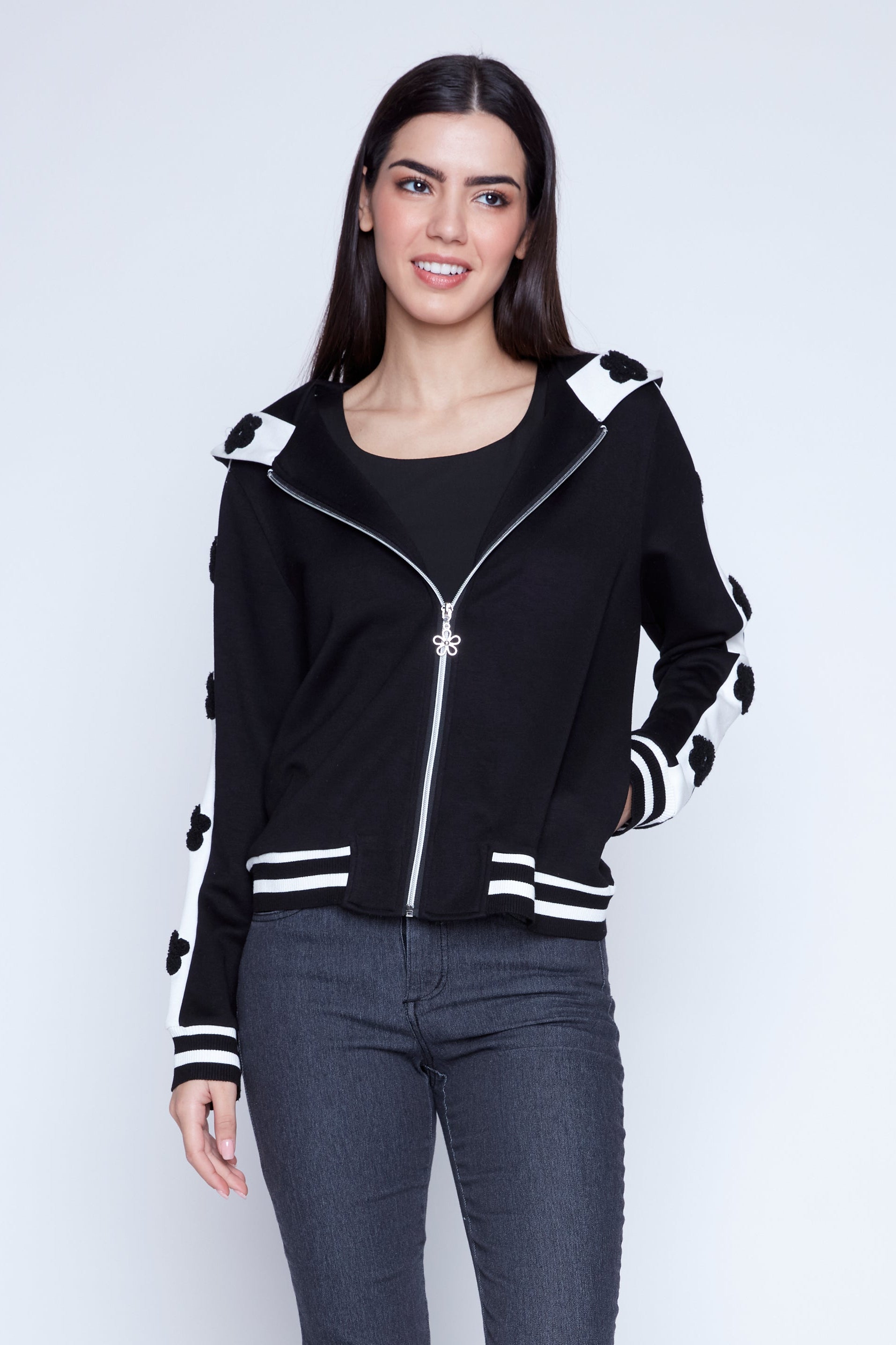 Flower applique hooded jacket