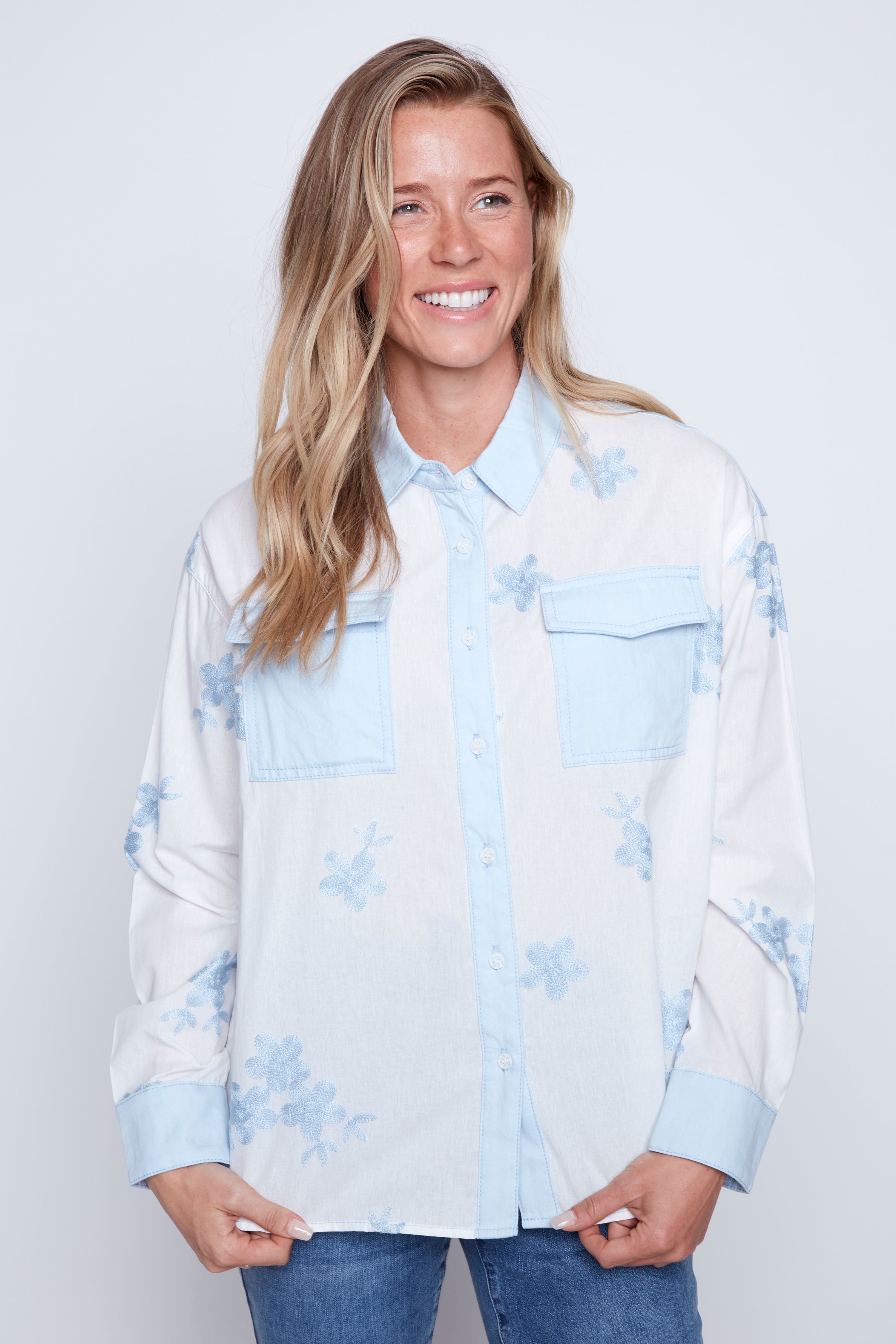 Floral embroidery cotton blouse