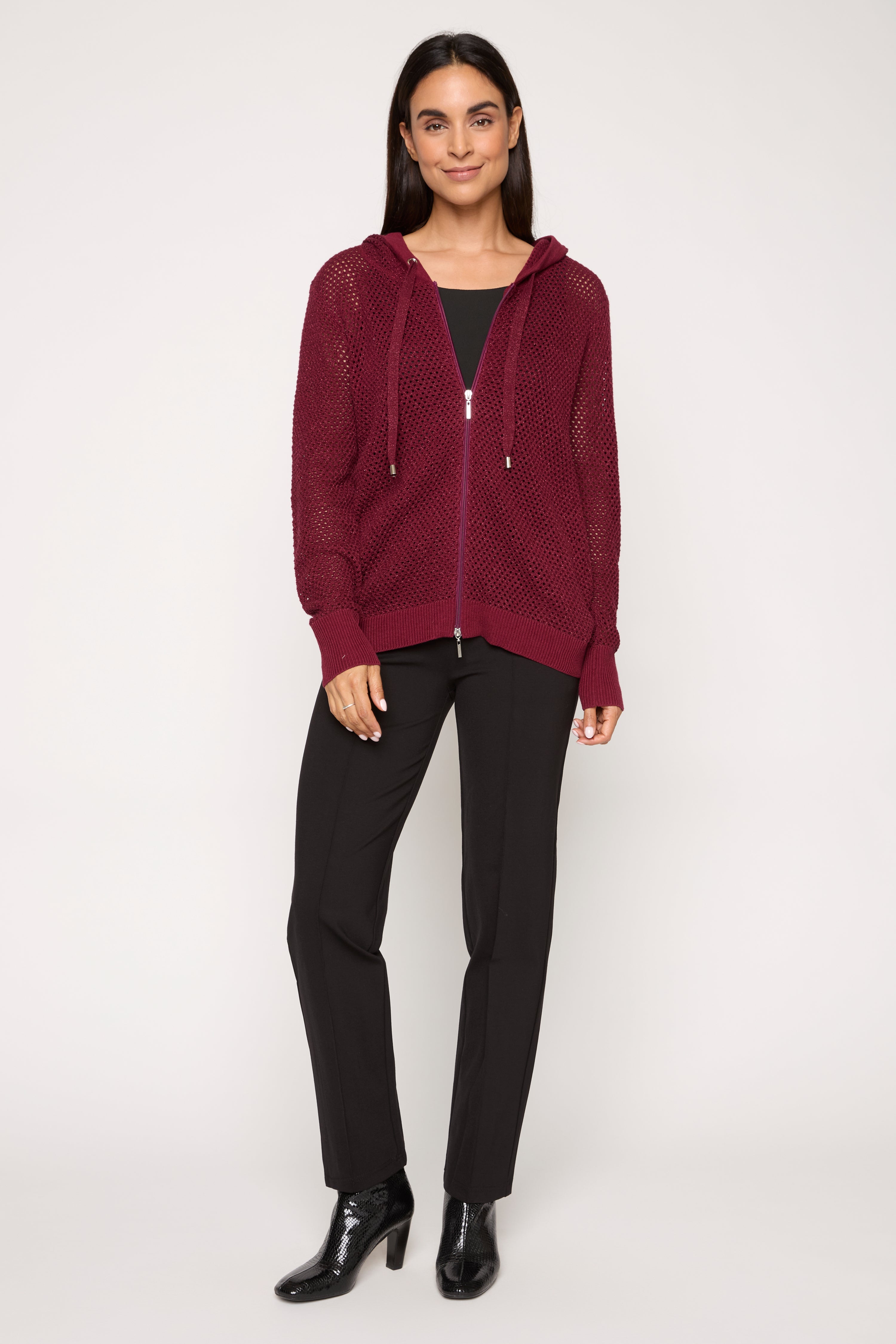 Crochet Zip Hoodie in burgundy