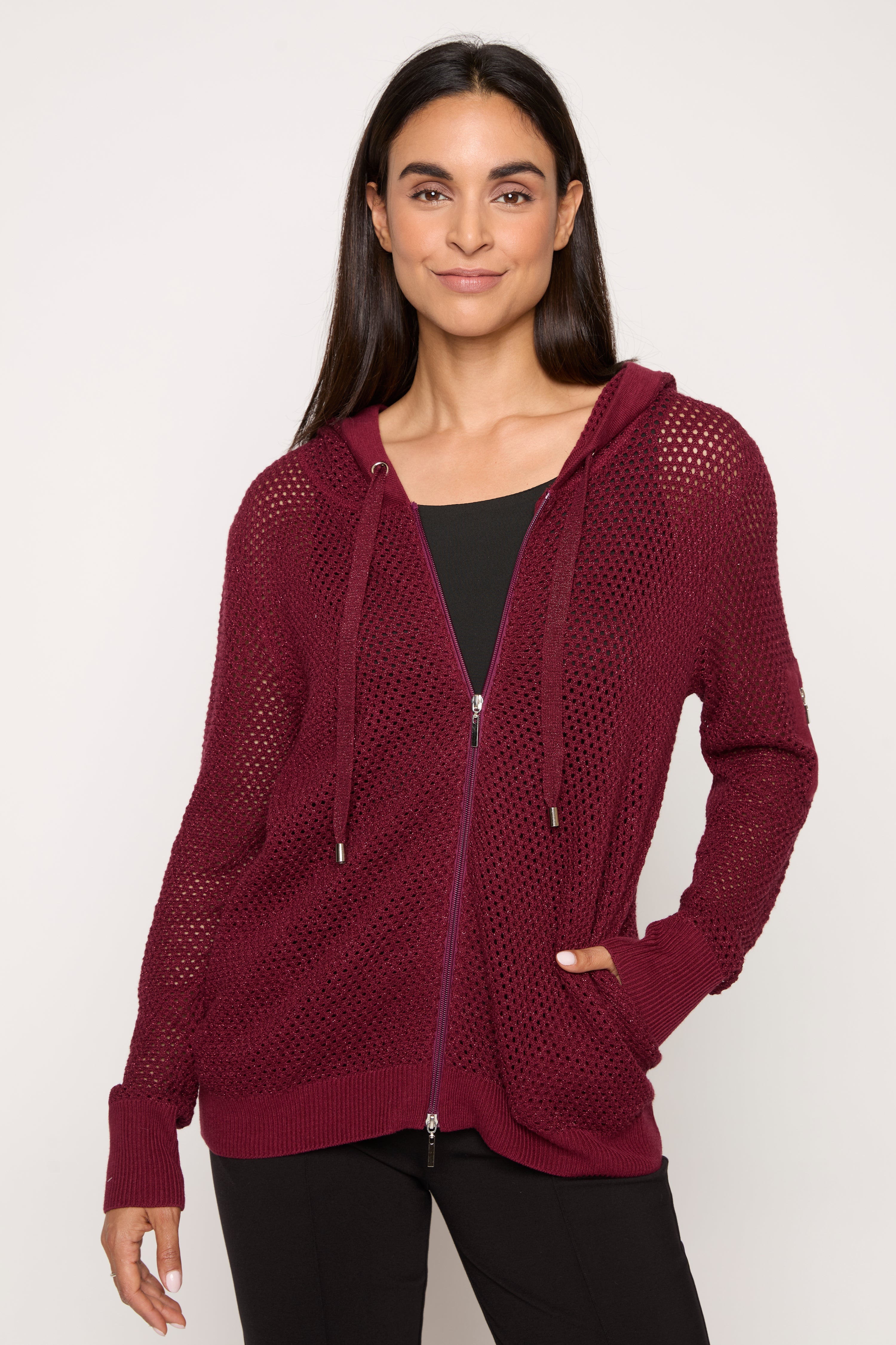 Crochet Zip Hoodie in burgundy