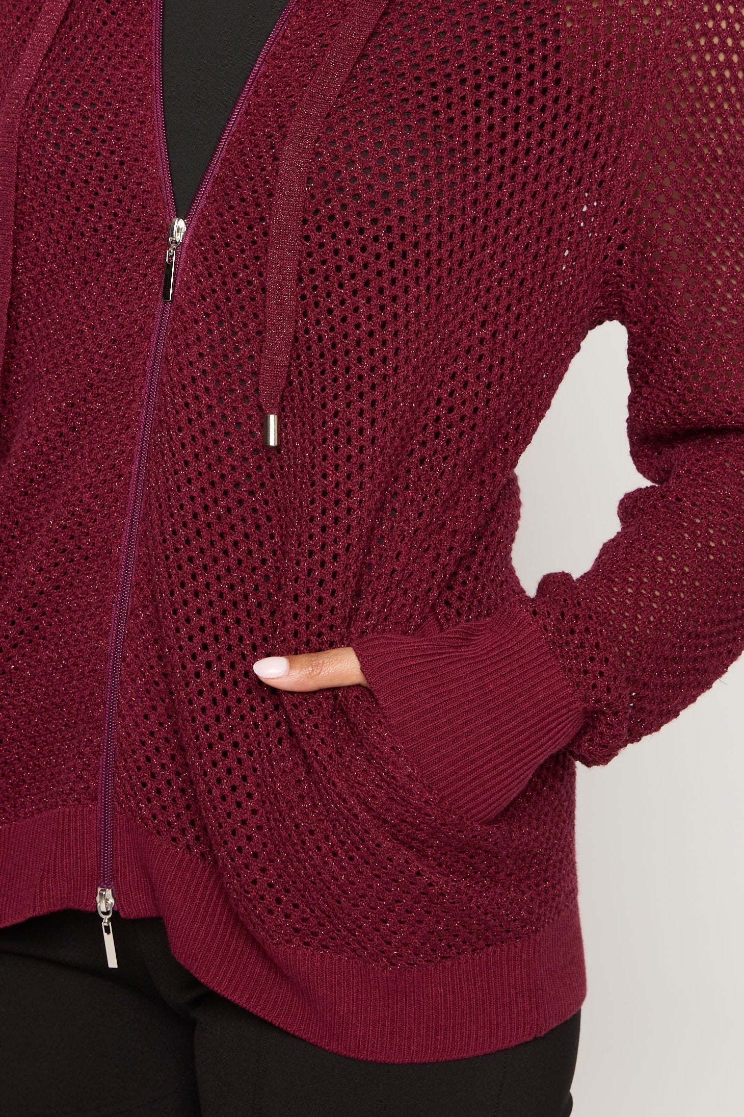 Crochet Zip Hoodie in burgundy