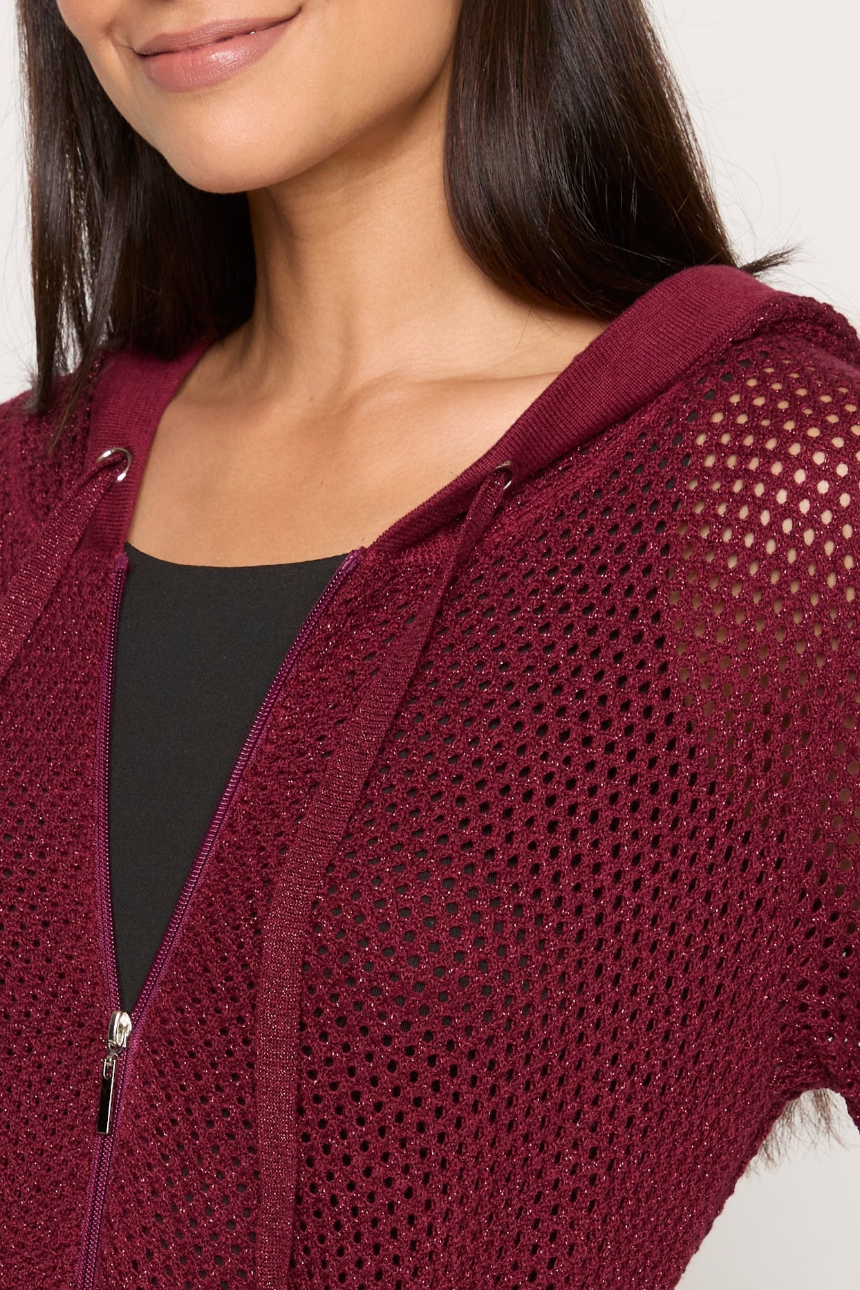 Crochet Zip Hoodie in burgundy