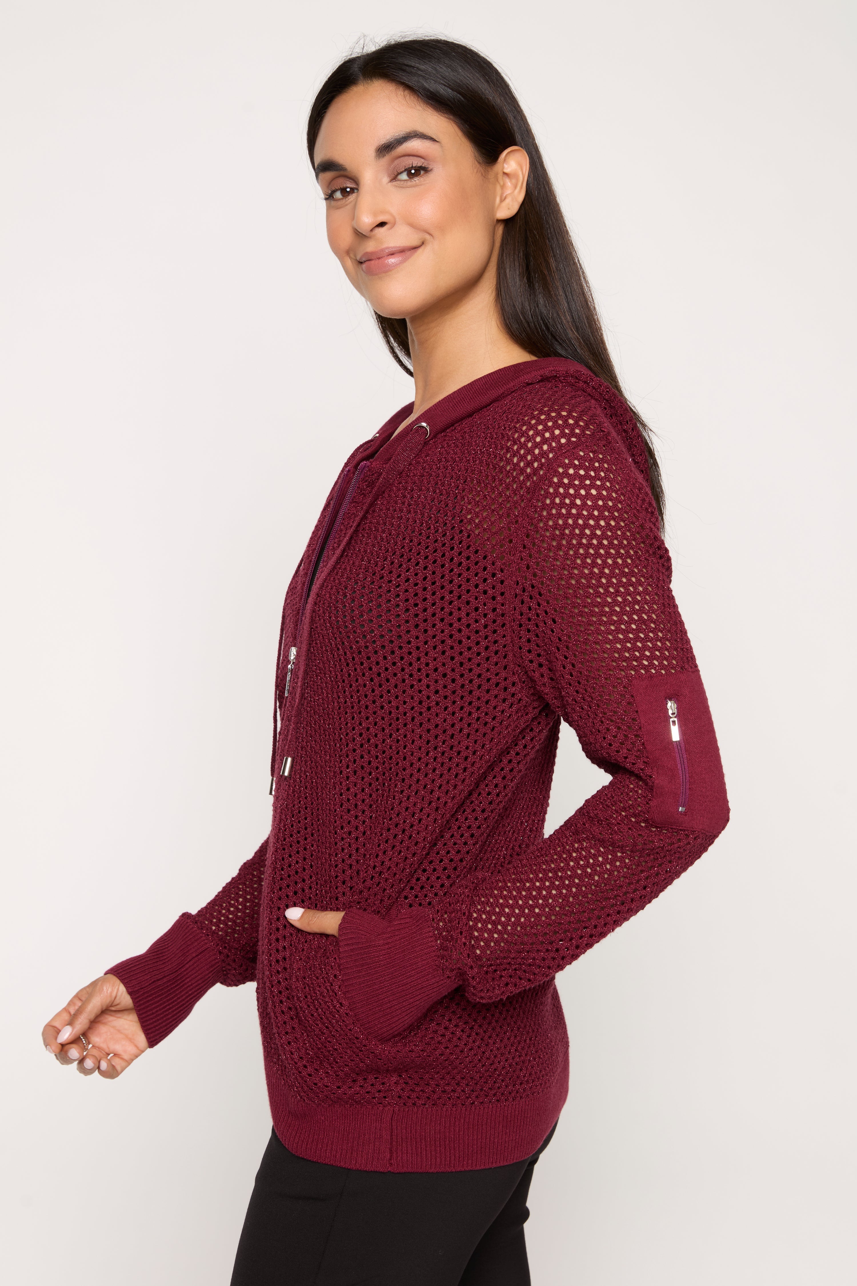 Crochet Zip Hoodie in burgundy