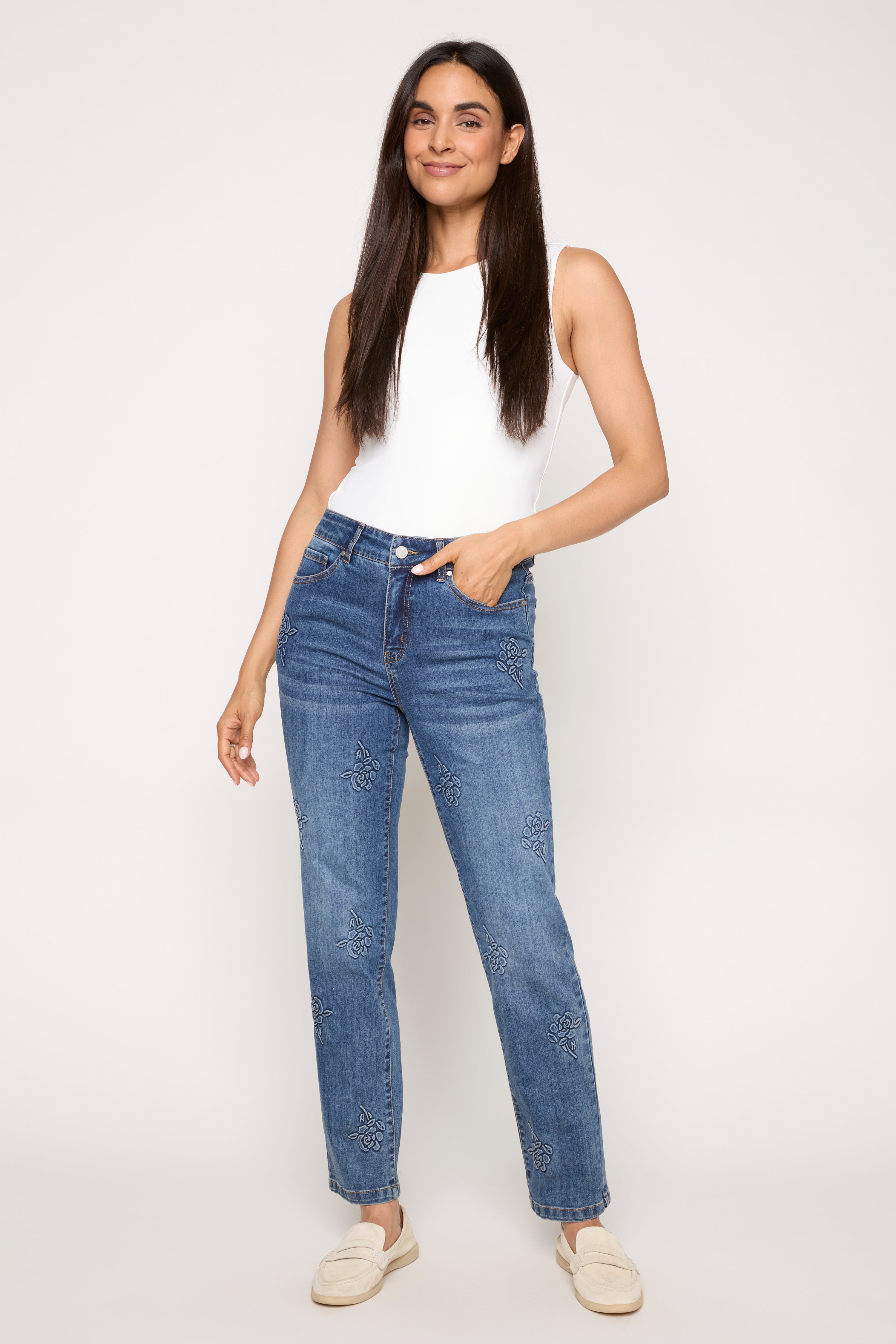 Embroidered Slim Leg Jean in denim