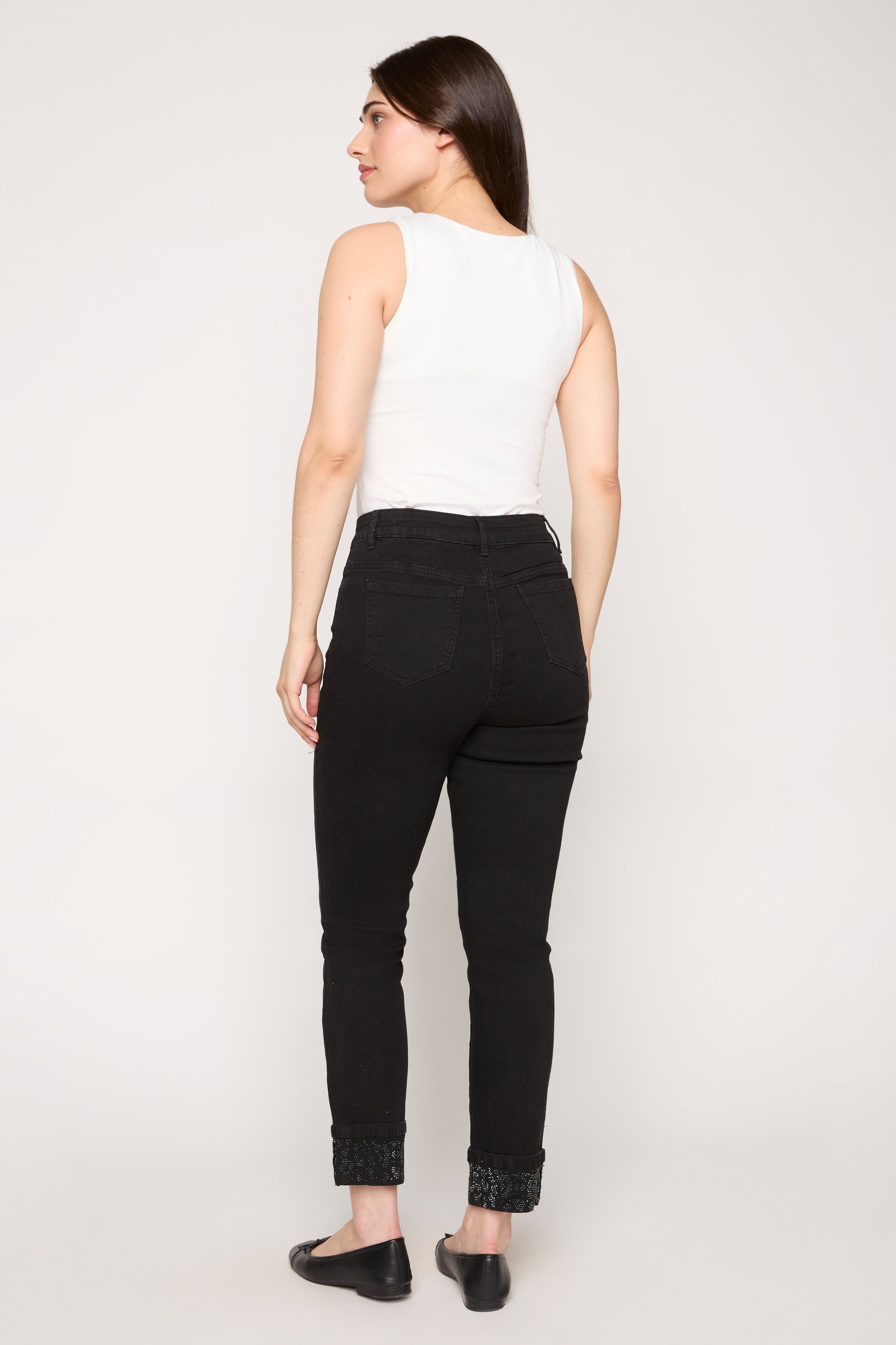 Embroidered Hem Slim Leg Jean in black