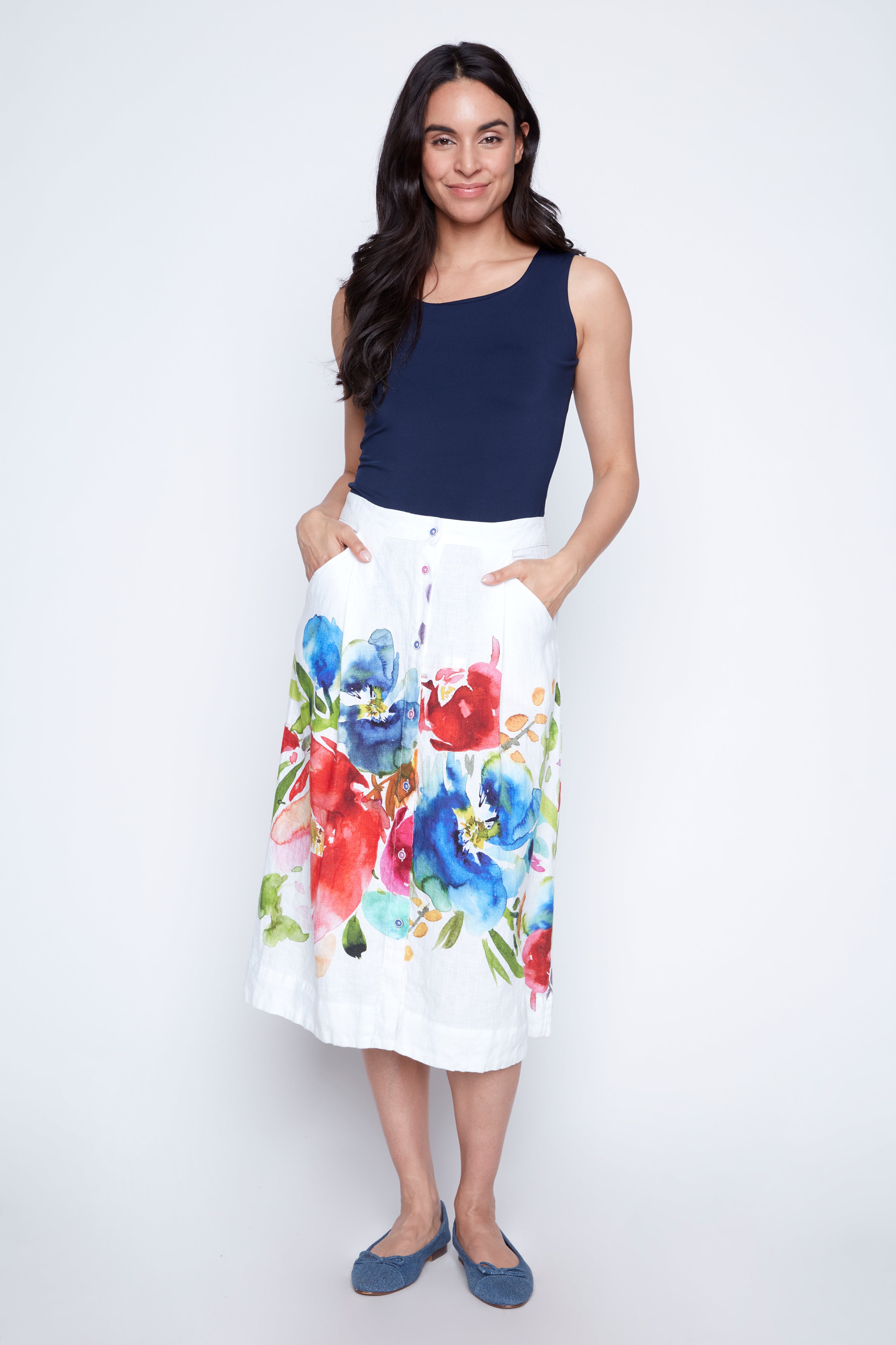 Floral border linen skirt