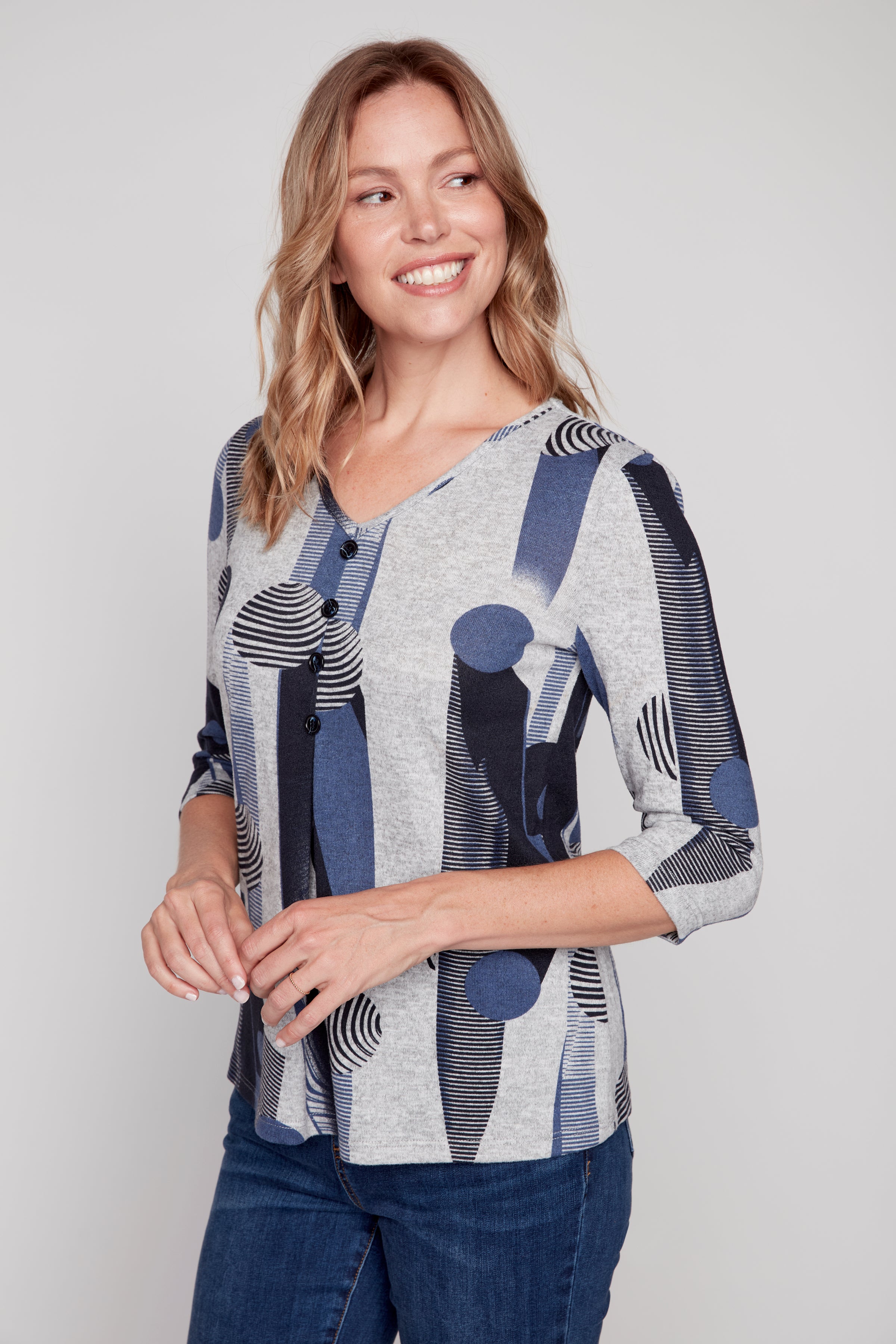 Abstract print with button detail top