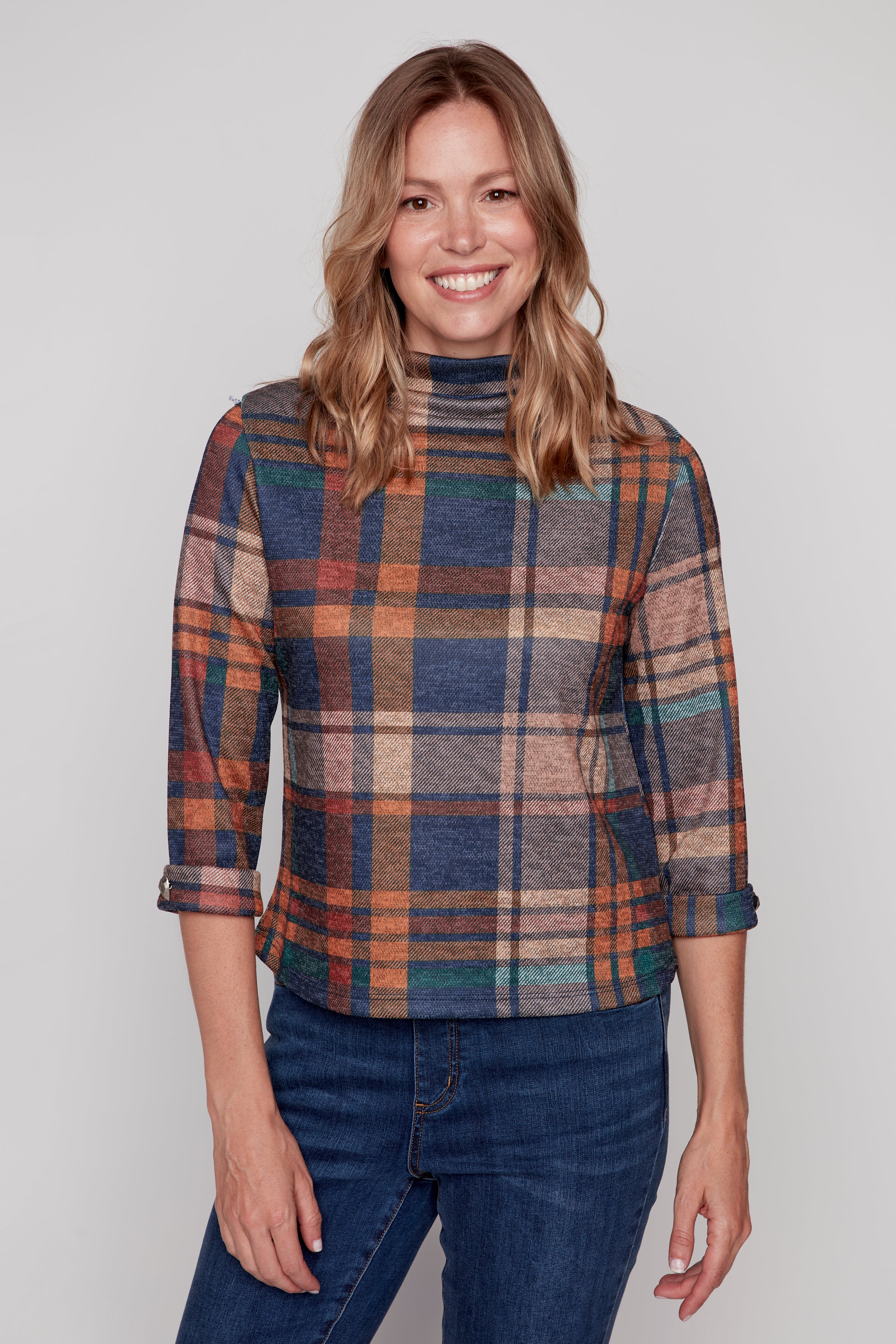 Rust plaid top with heart buttons