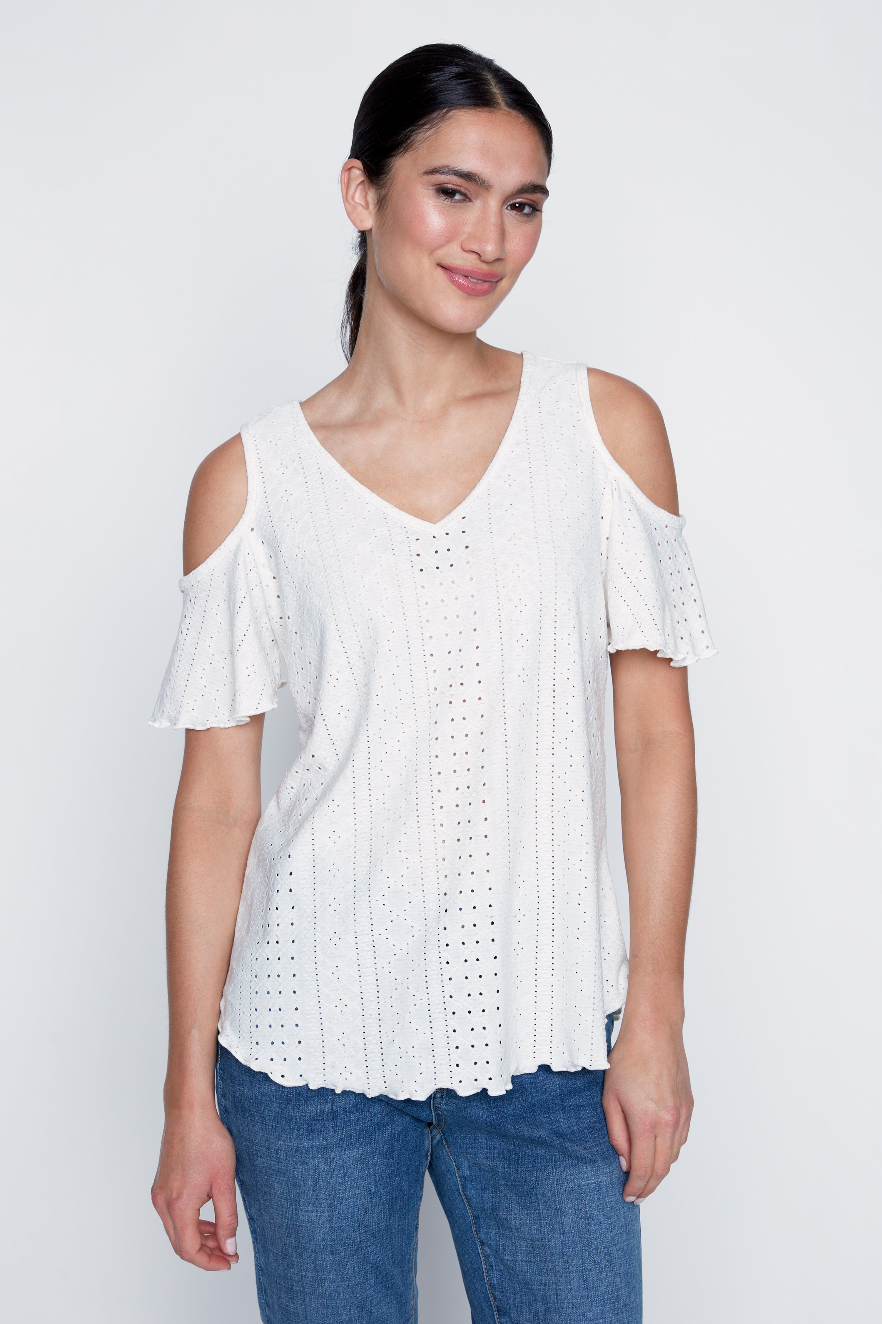 Cold shoulder eyelet top