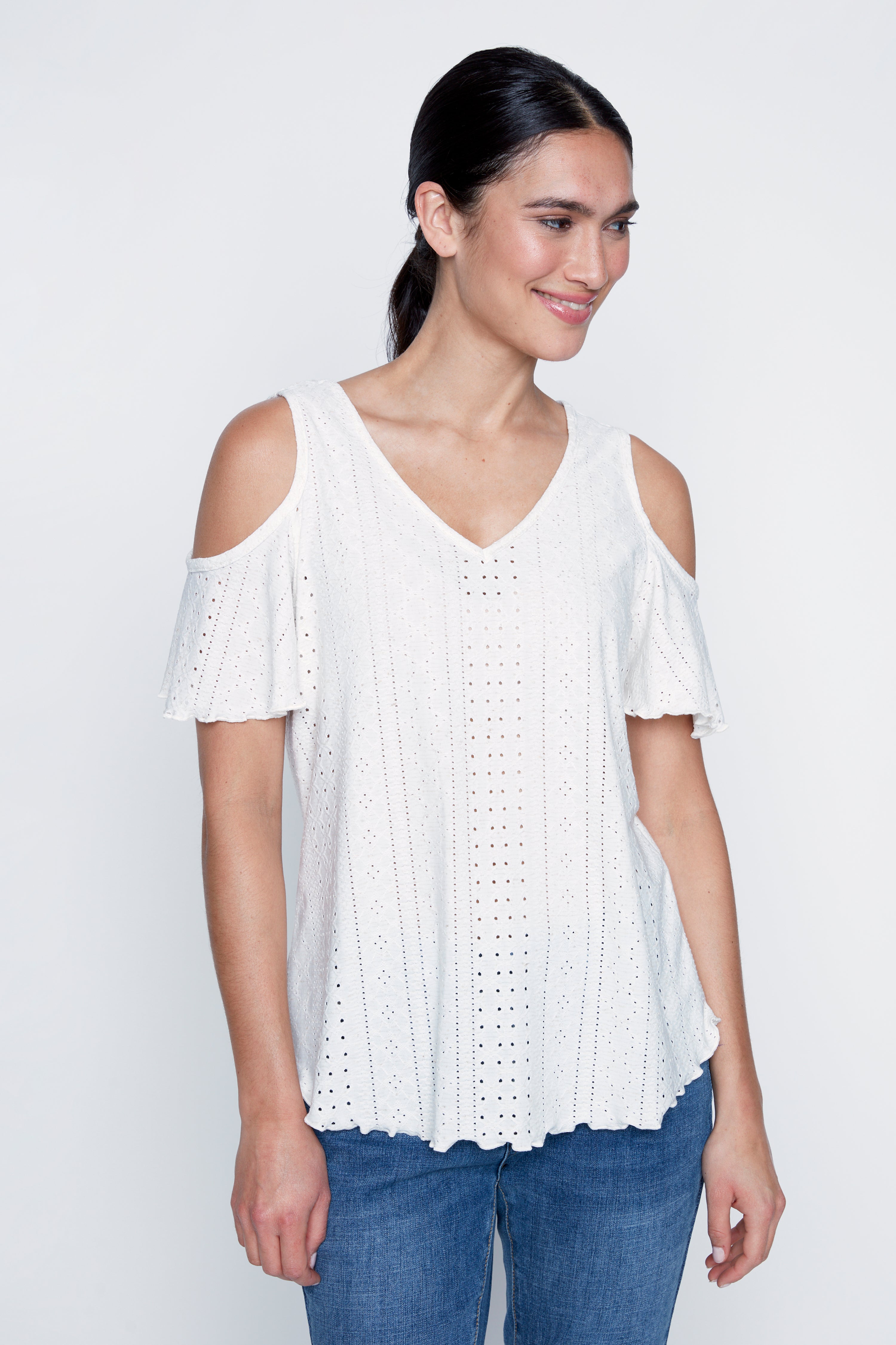 Cold shoulder eyelet top