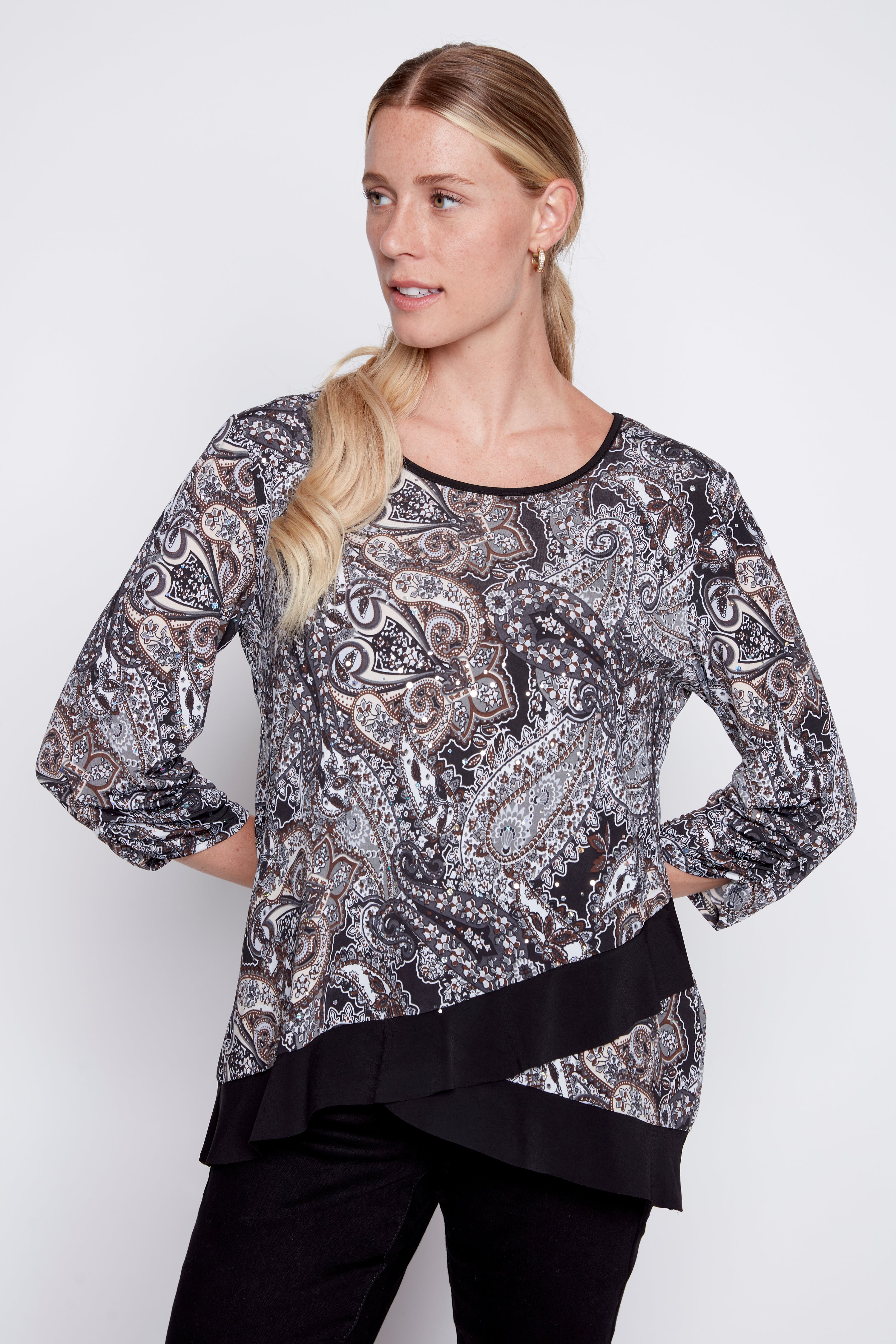 Chiffon trim paisley sequin top