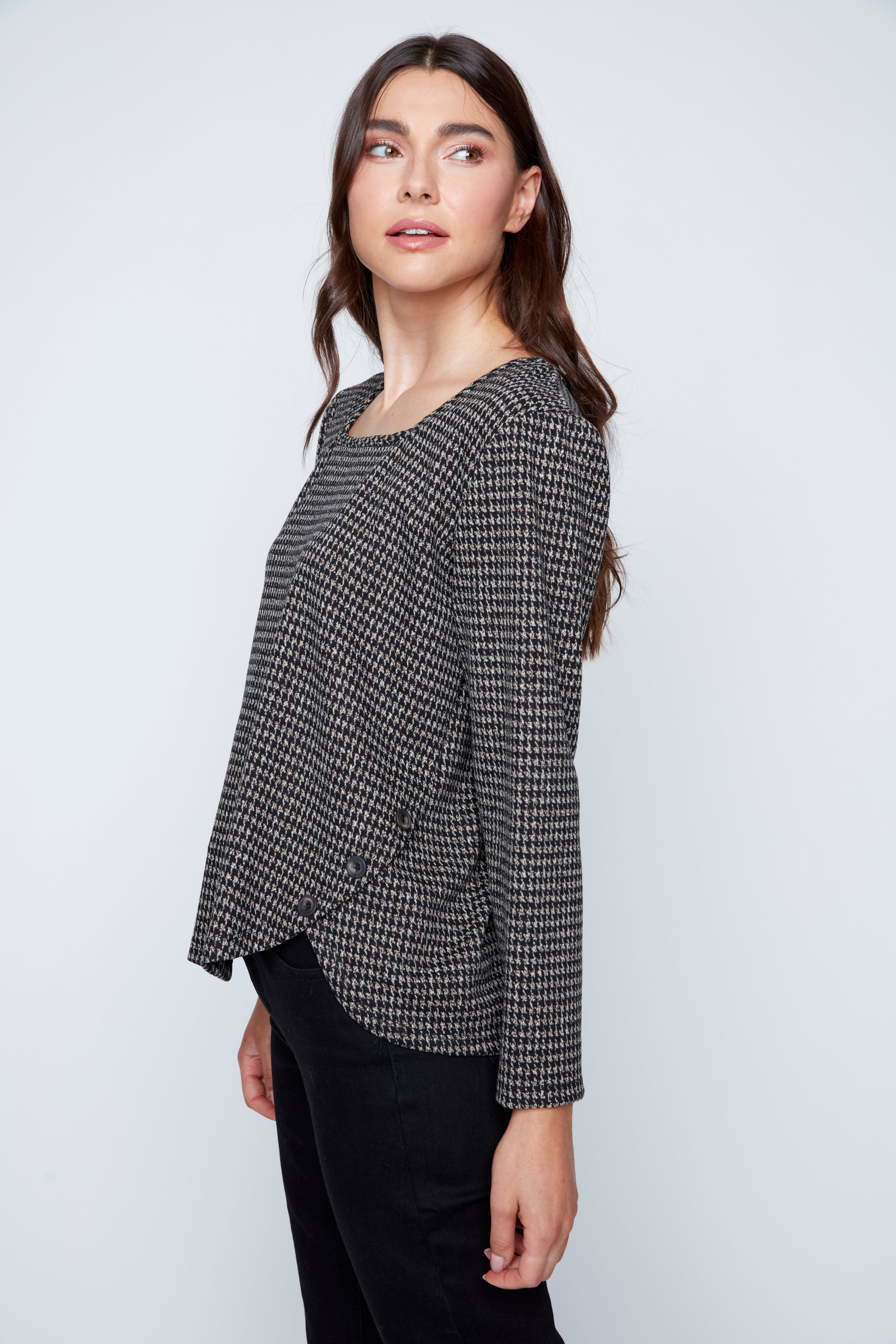 Houndstooth print top with button detail