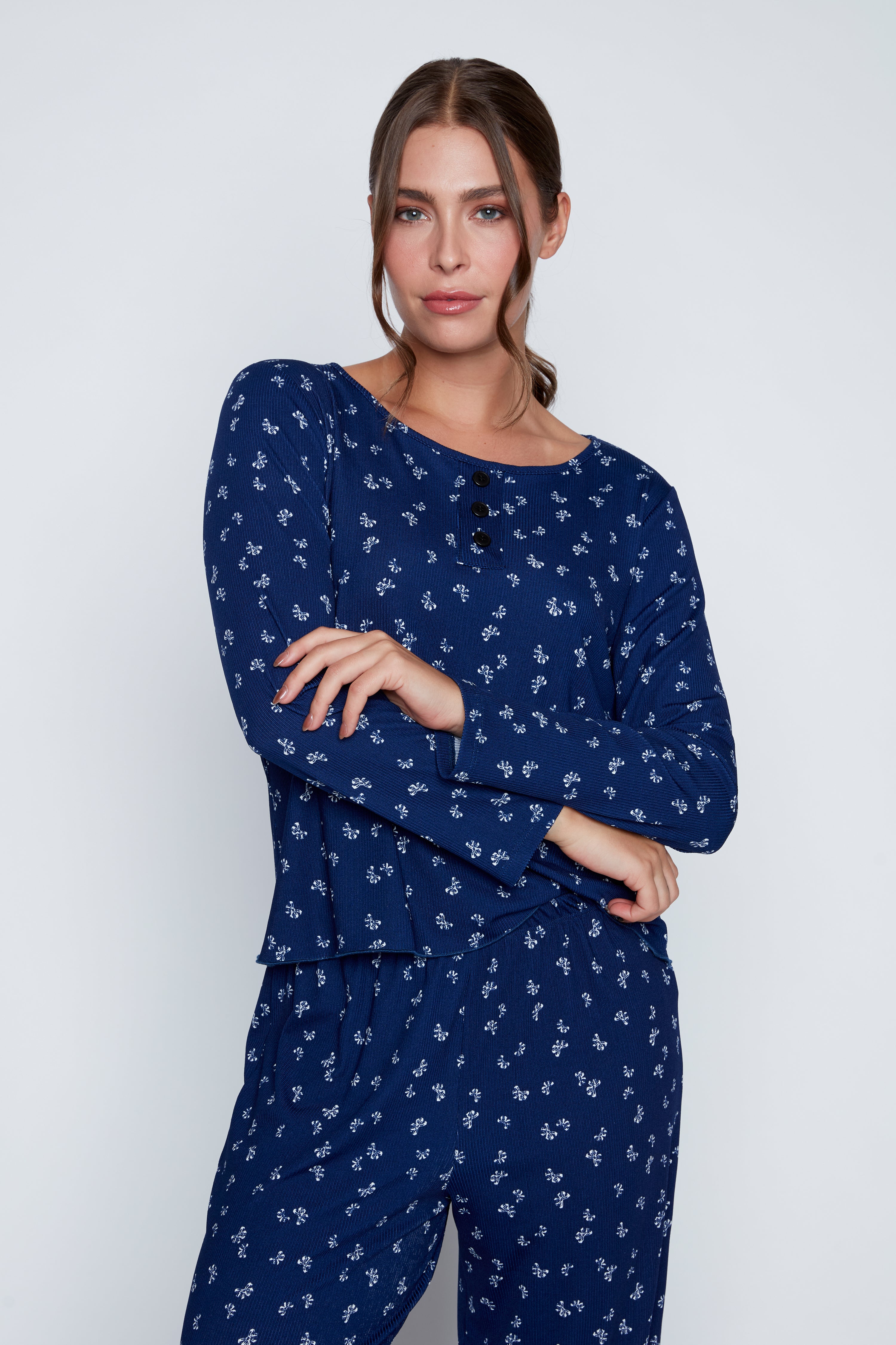 Bow print rib knit pyjama set