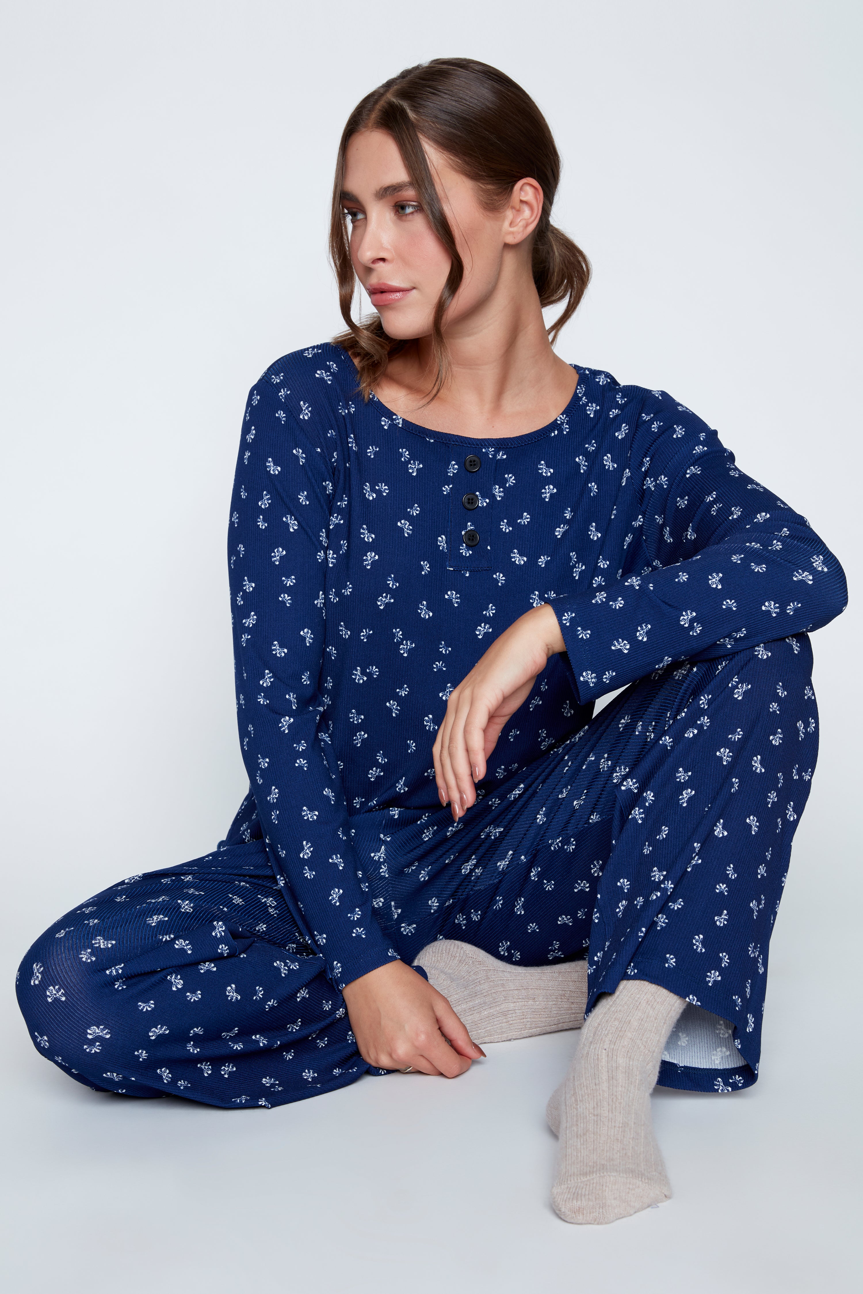 Bow print rib knit pyjama set