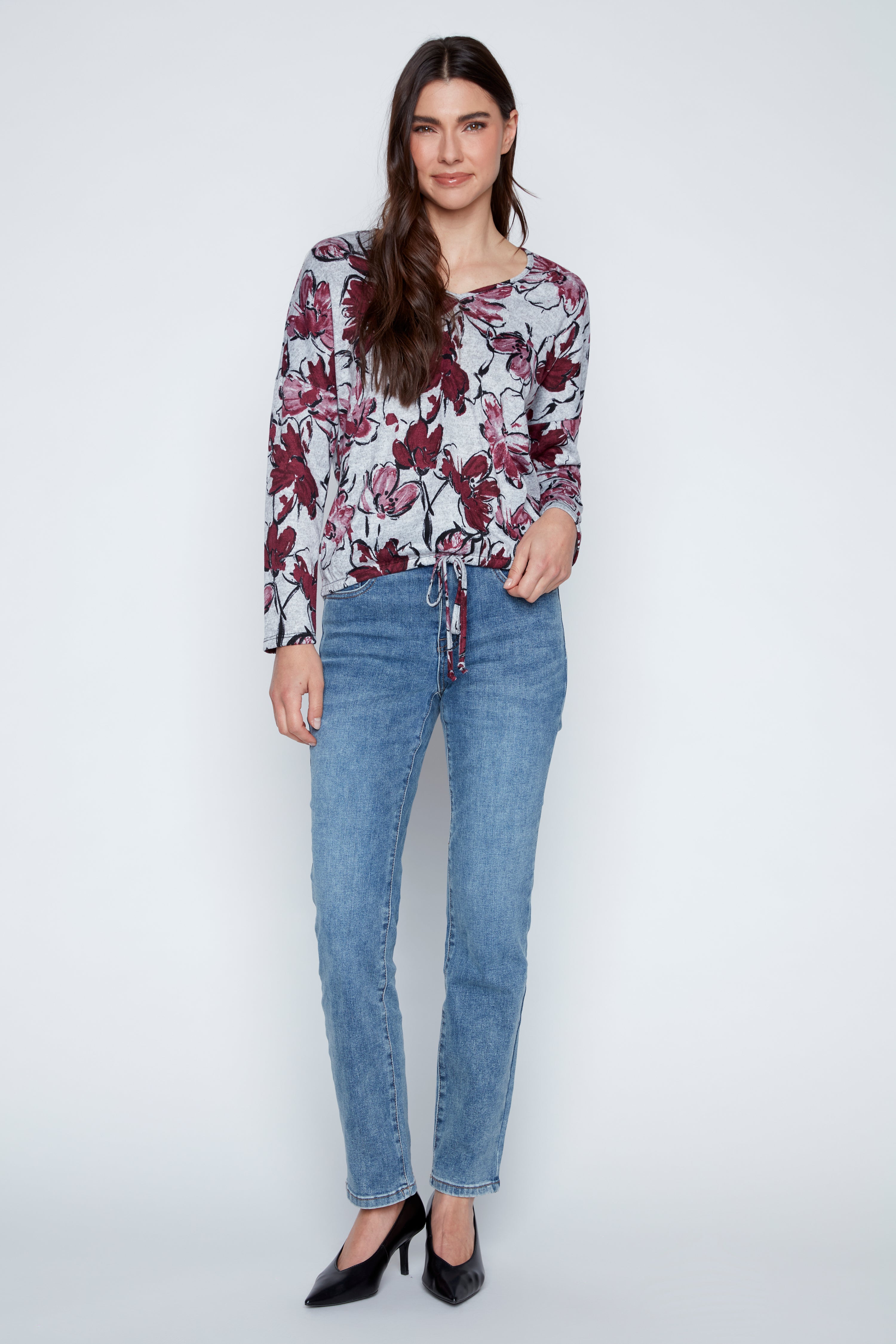 Floral print drawstring hem top