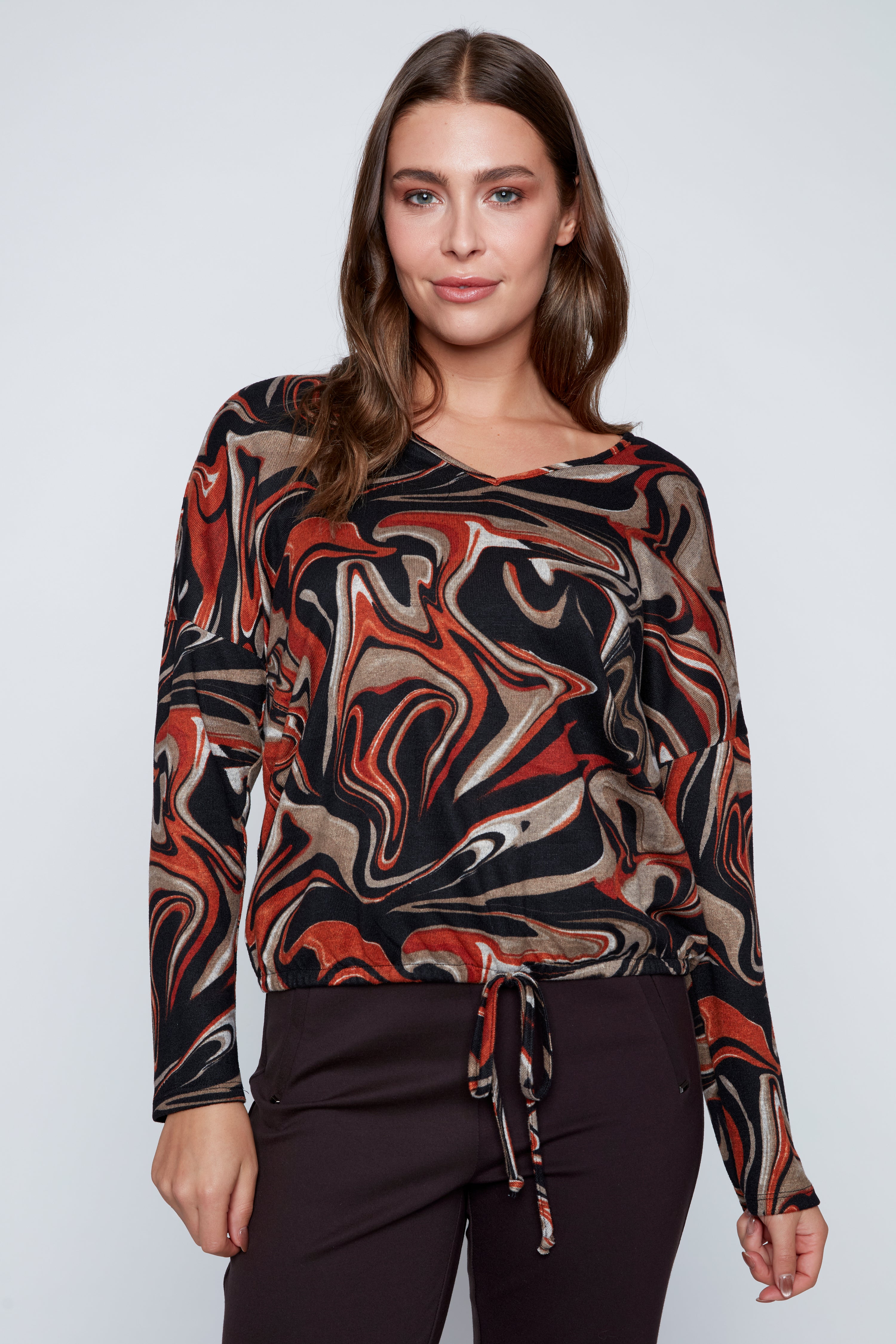 Abstract print drawstring hem top