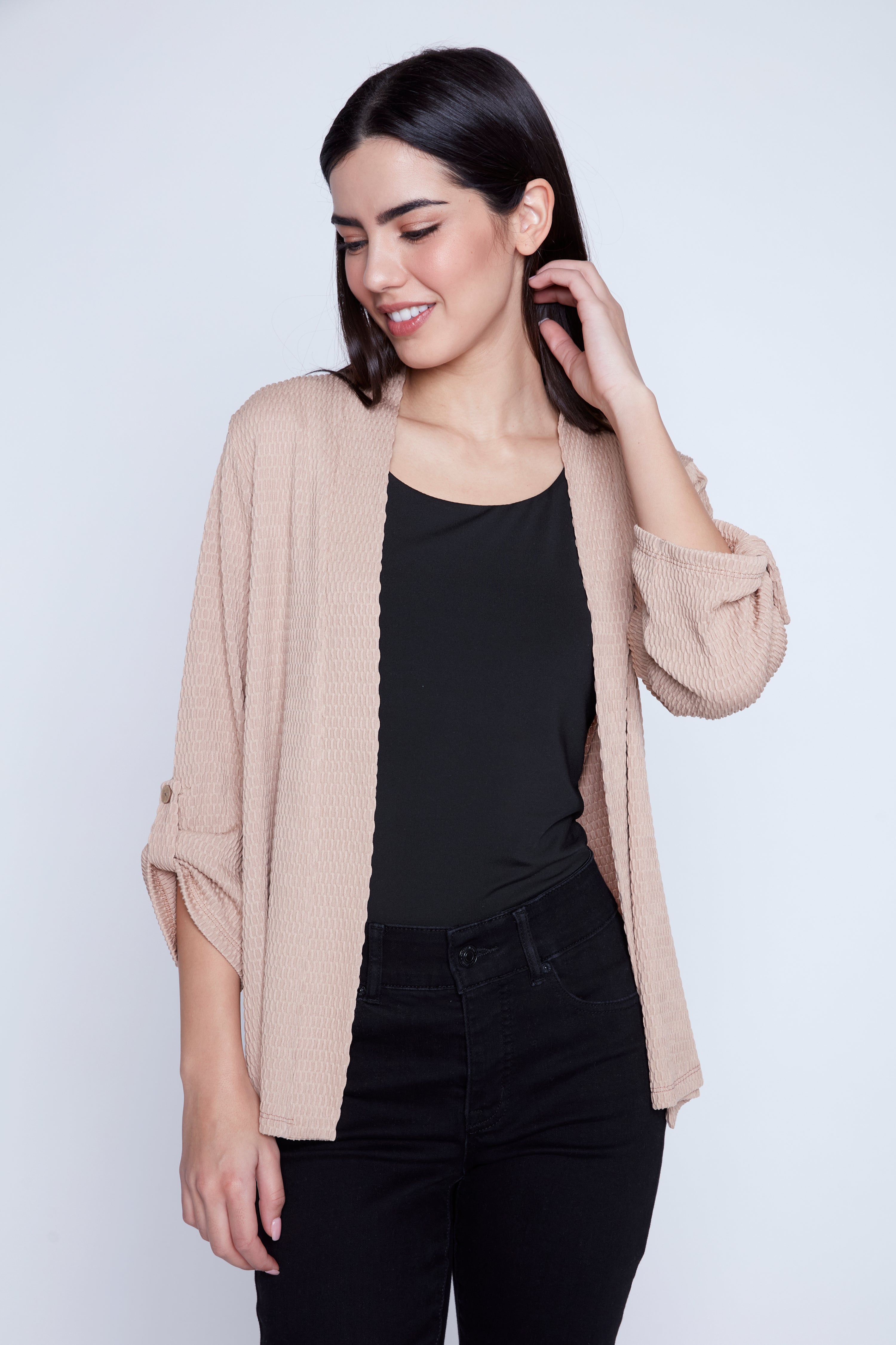 Textured cardigan with tab detail