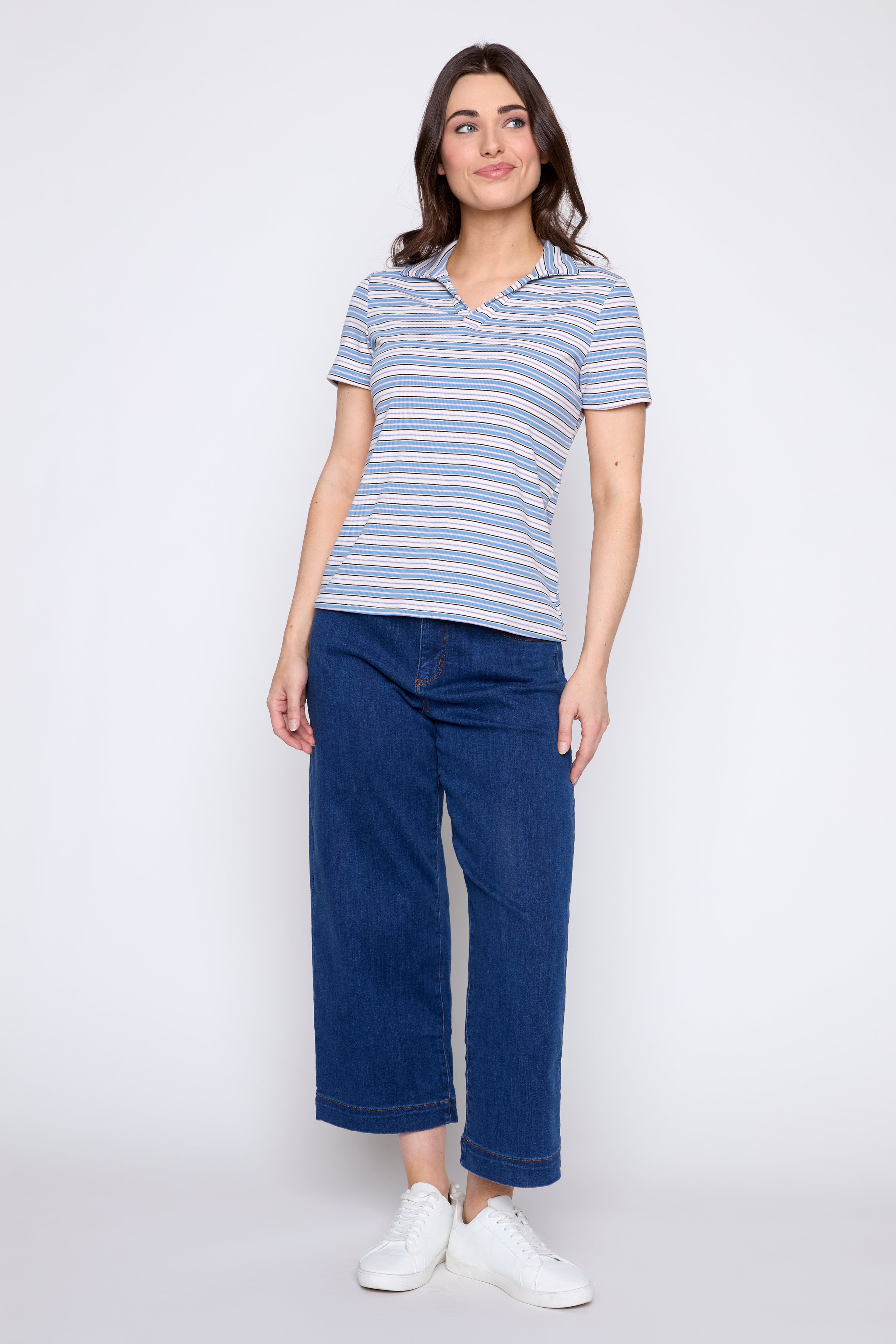 Pink stripe rib polo top