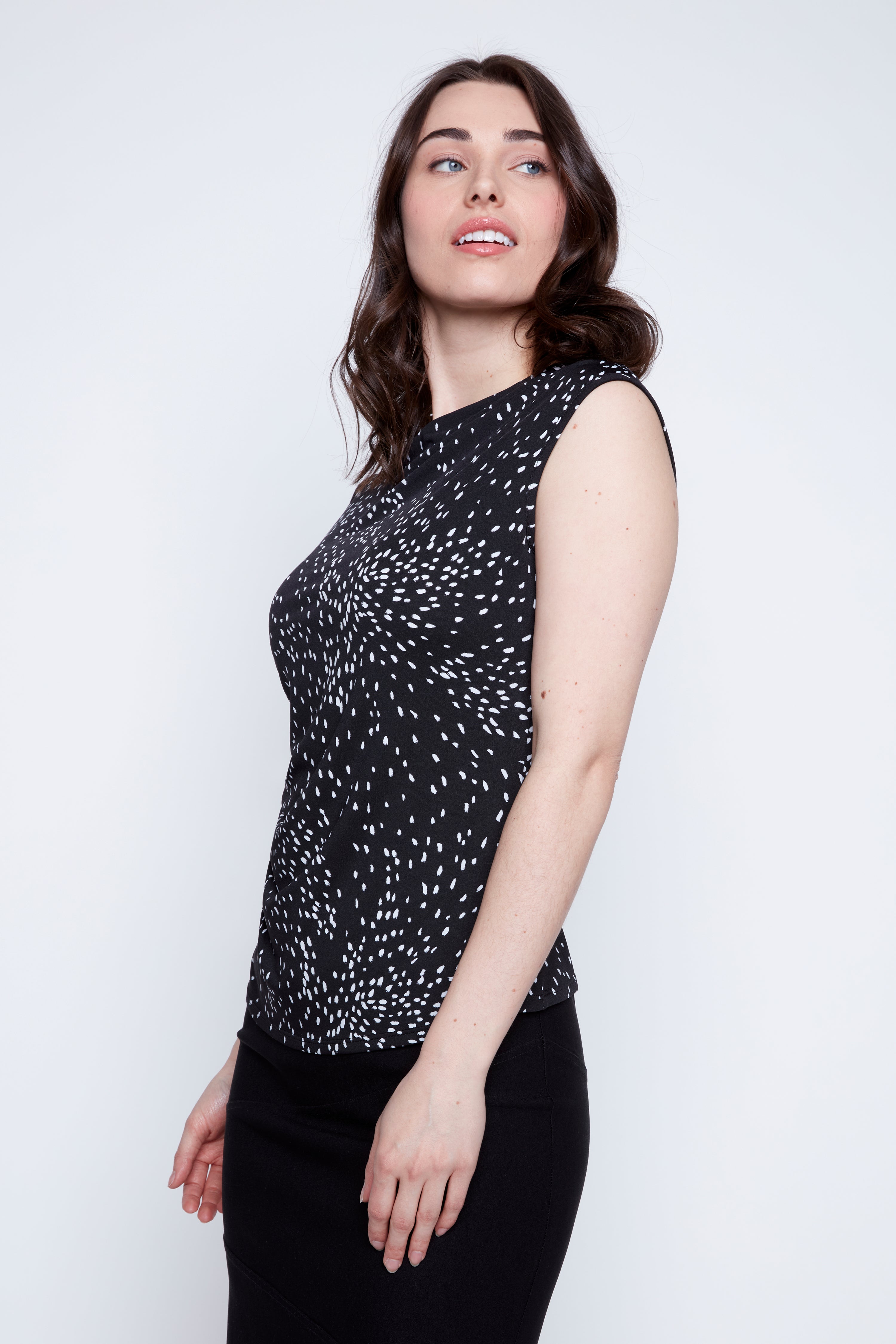 Abstract print asymmetric neck top