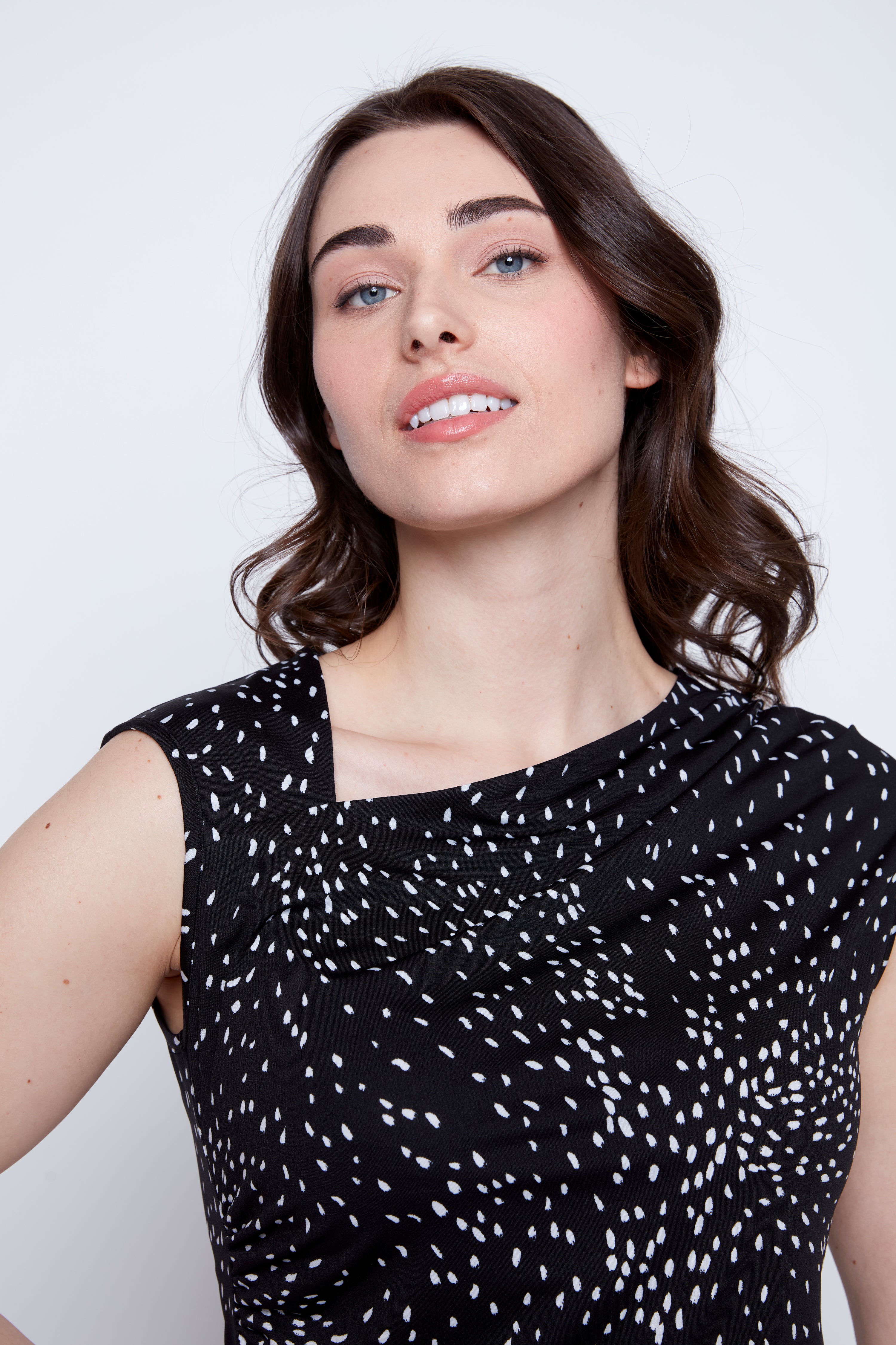 Abstract print asymmetric neck top