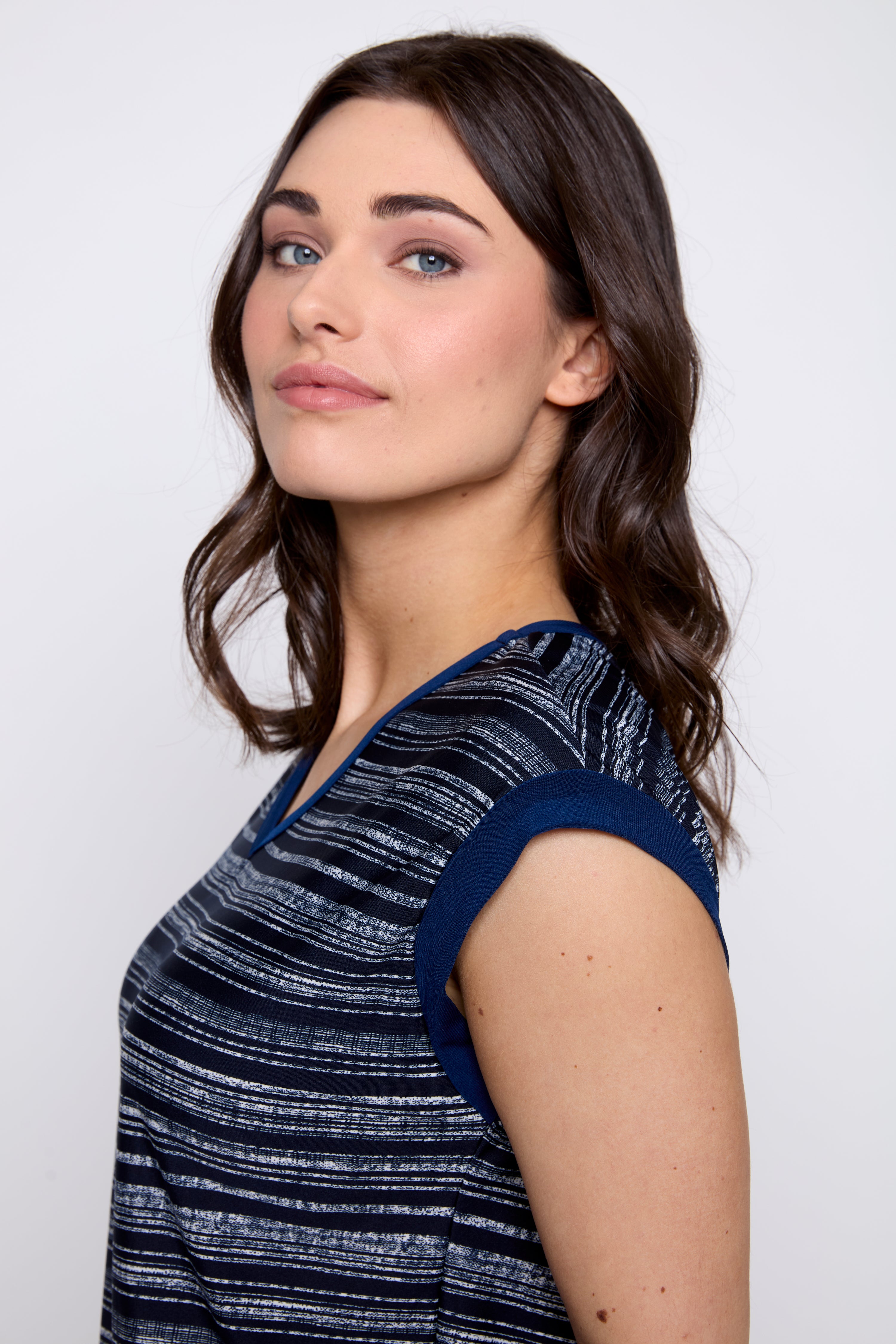Navy and white V-neck stripe top