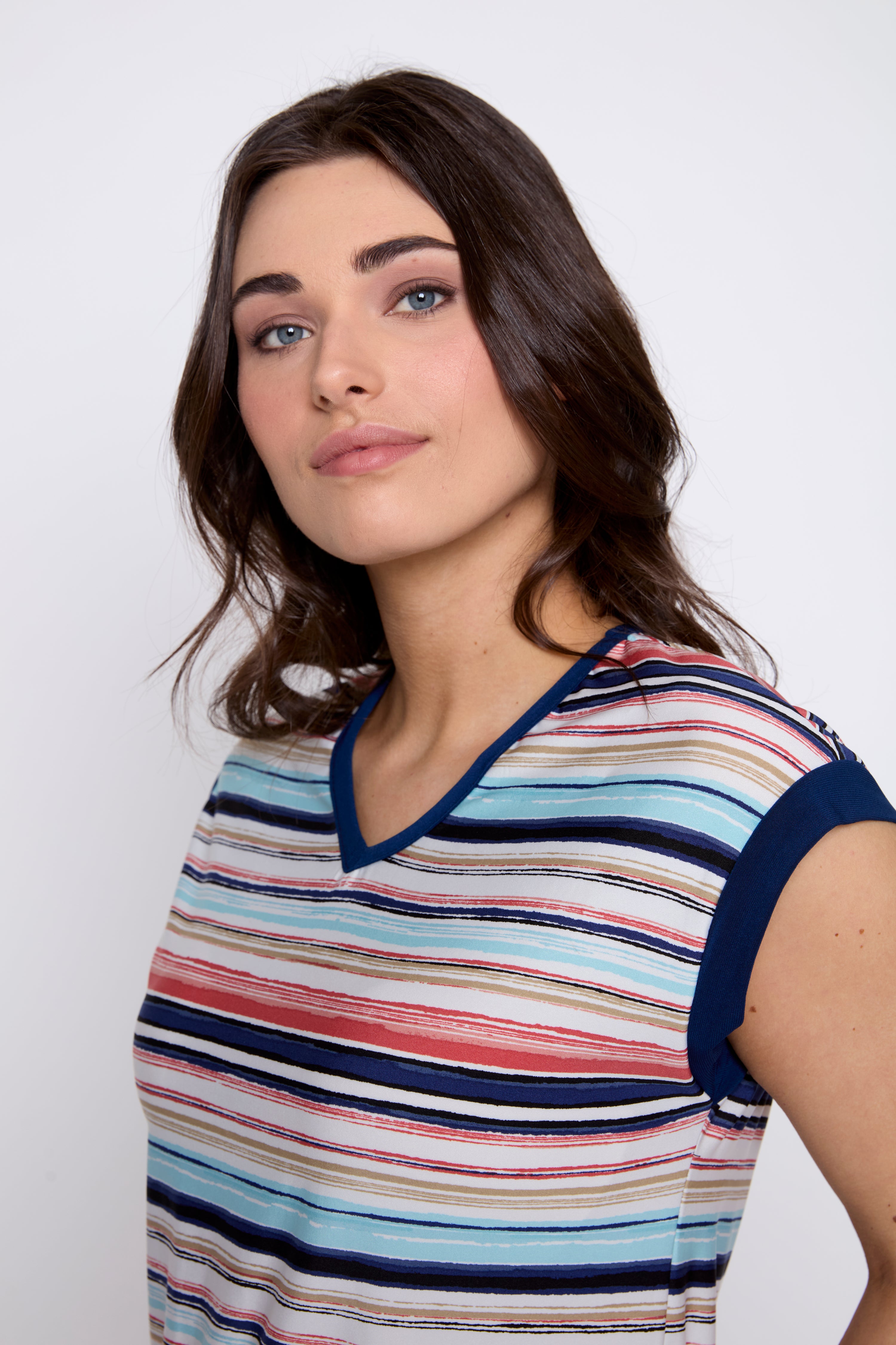 Coral V-neck stripe top