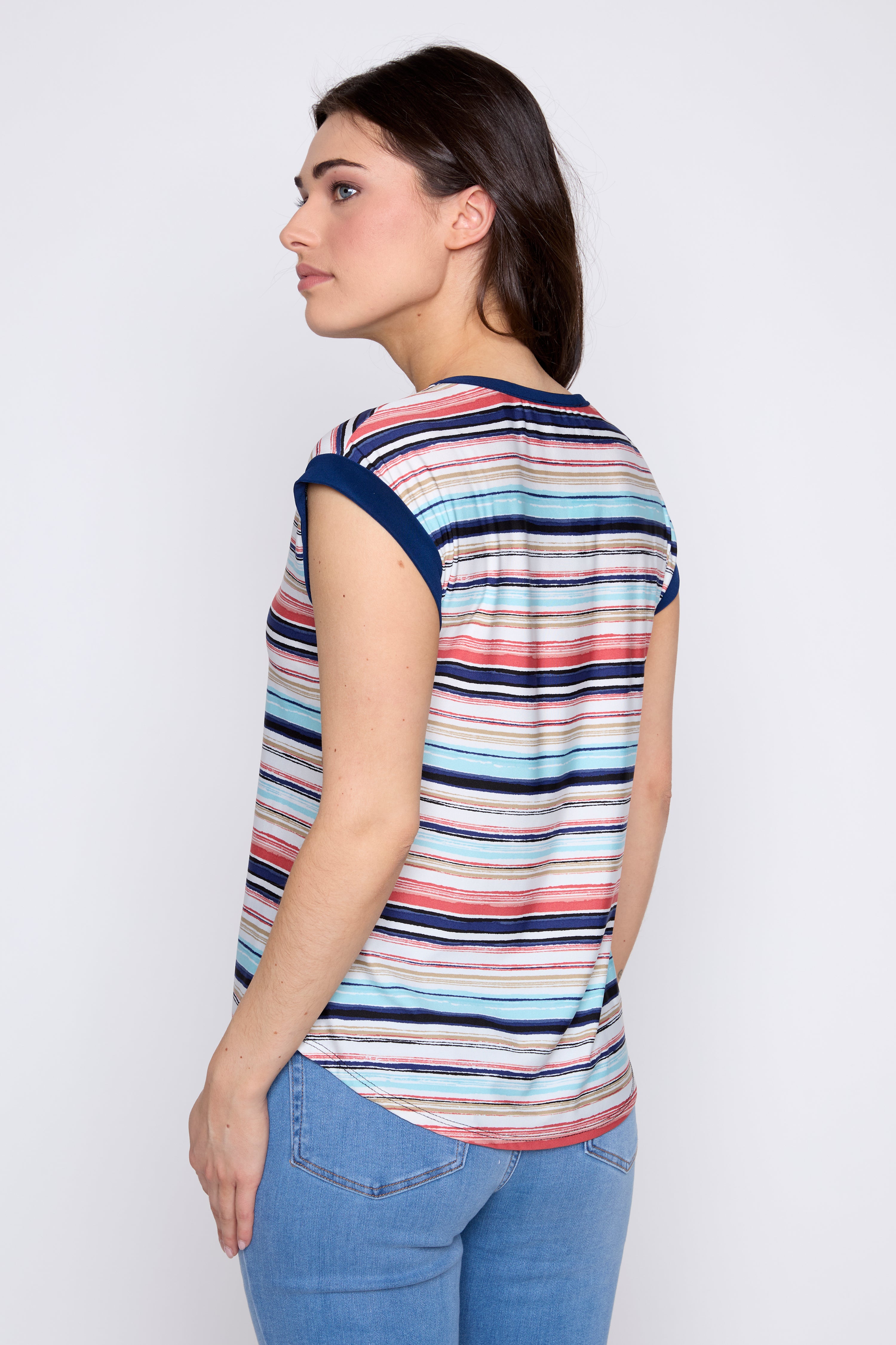 Coral V-neck stripe top