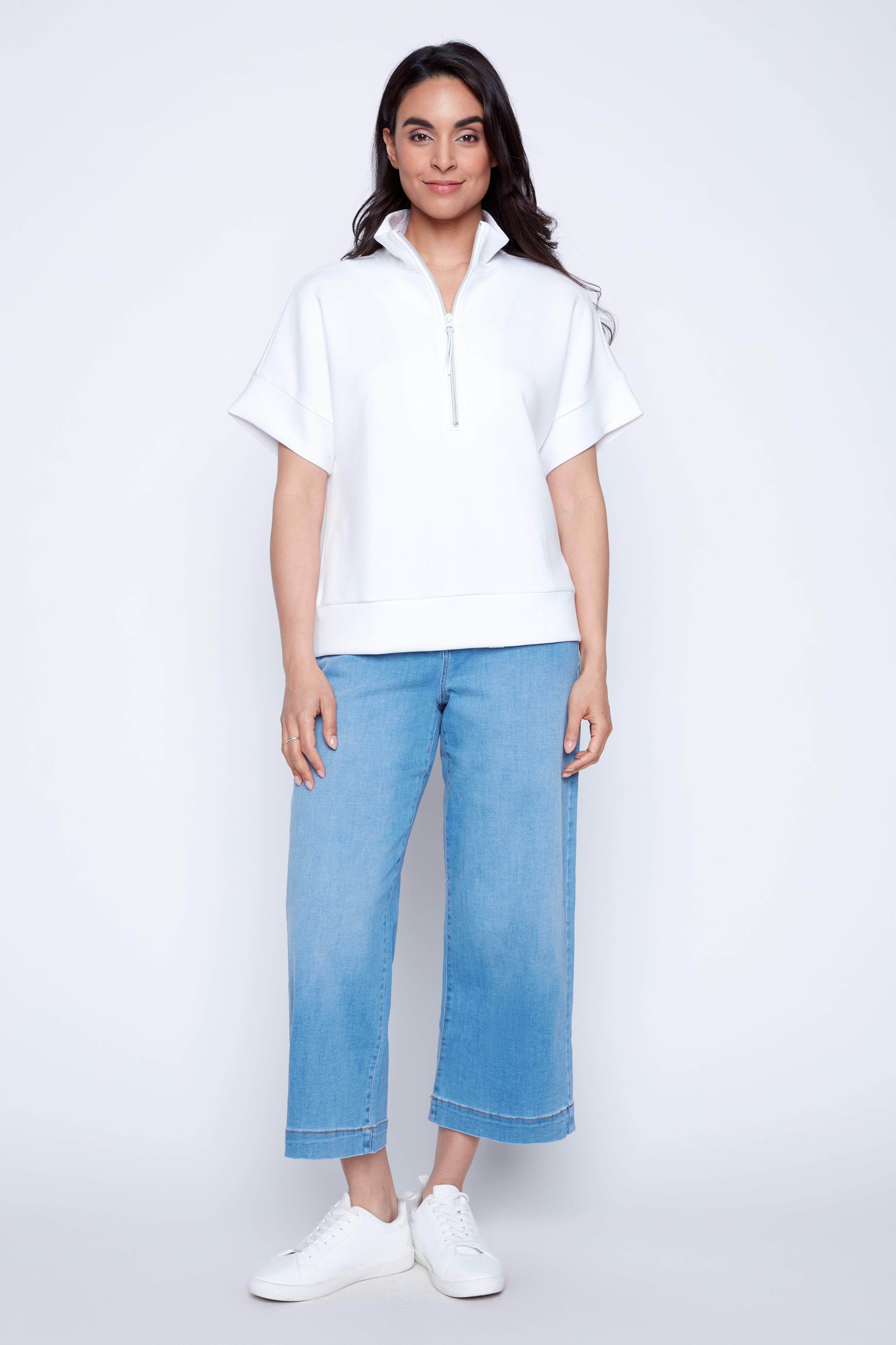 Mock neck zip front top