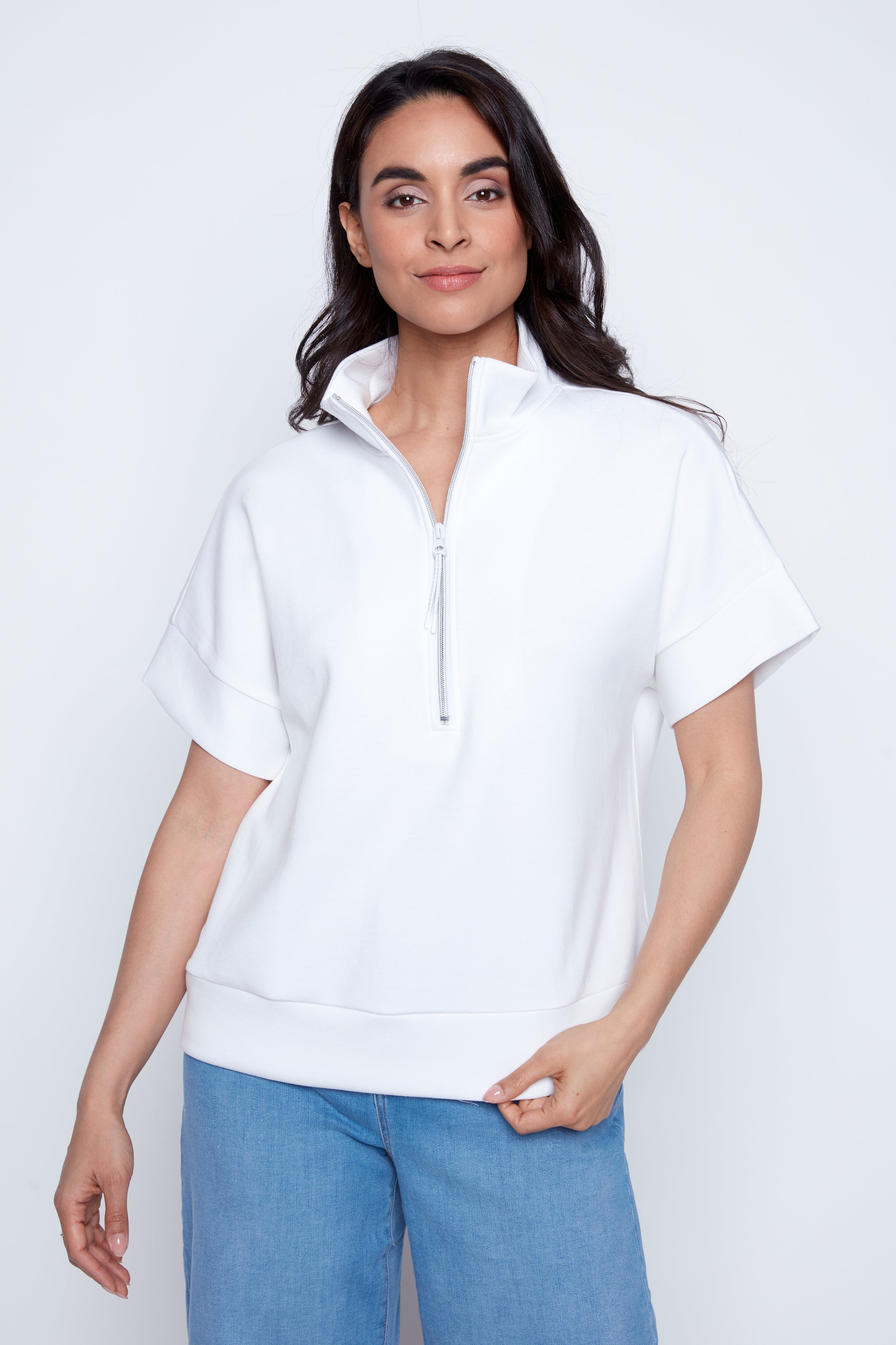 Mock neck zip front top