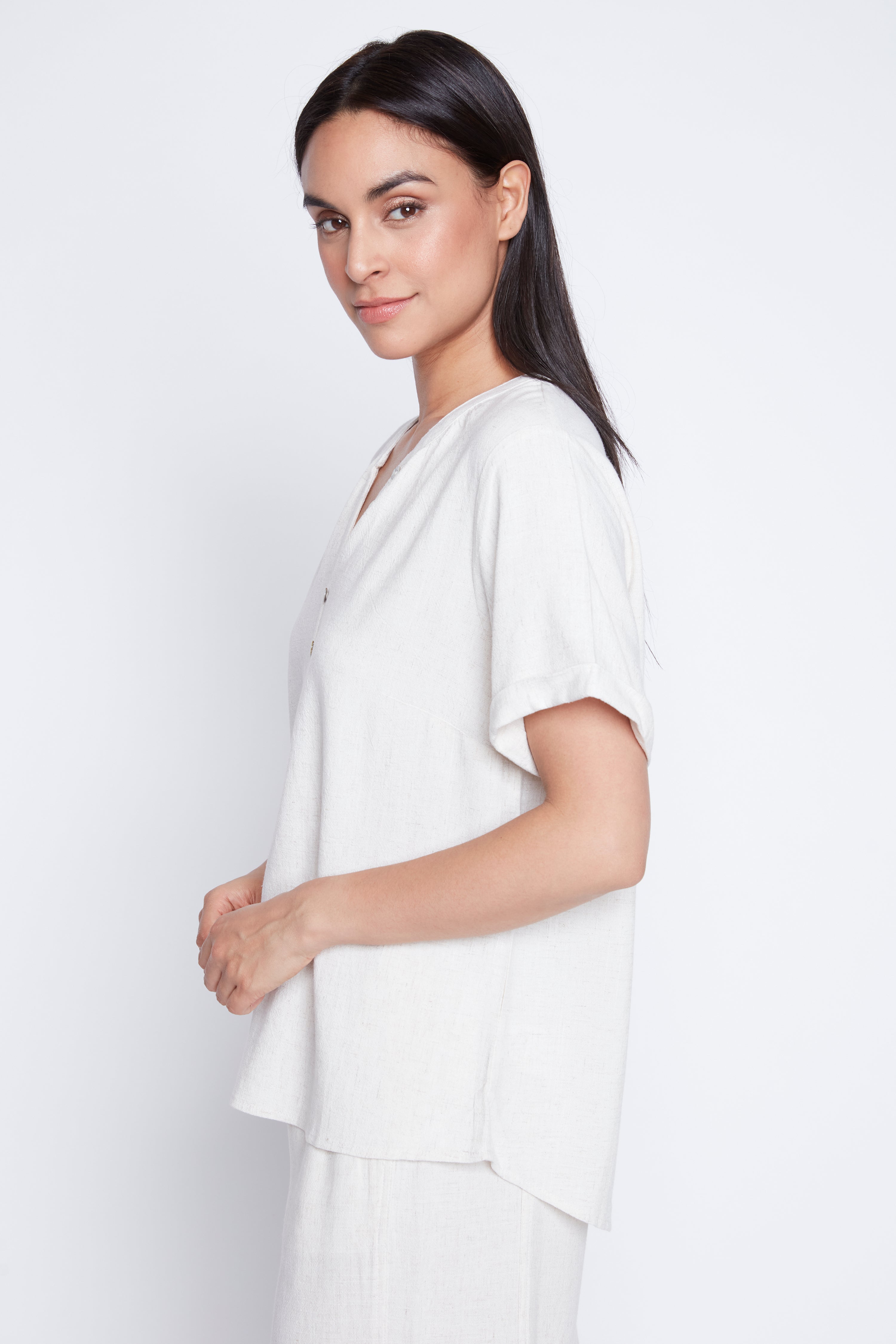 Linen blend soft pleated neck top