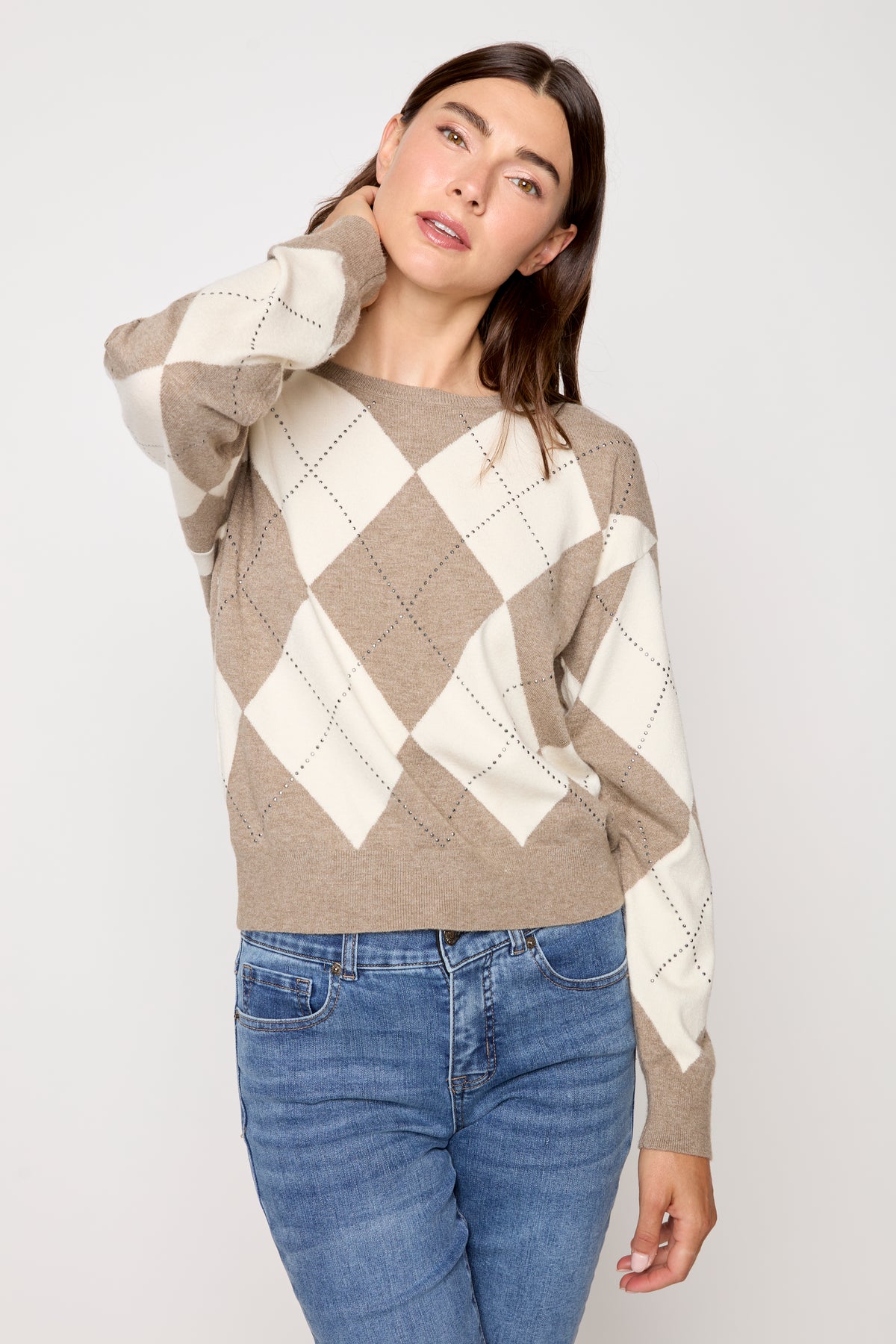 Studded Argyle Knit Sweater