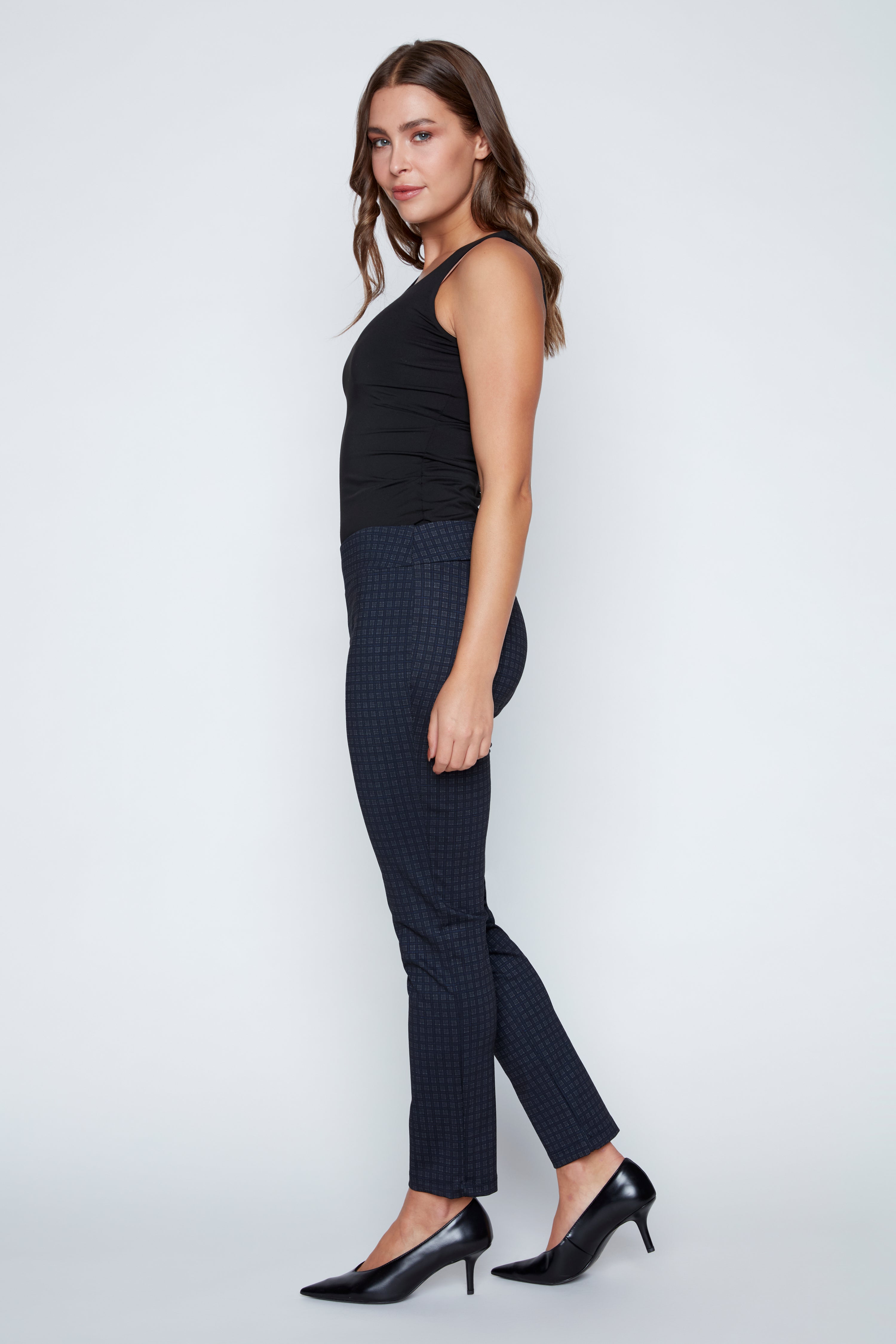 Slim leg check print pant