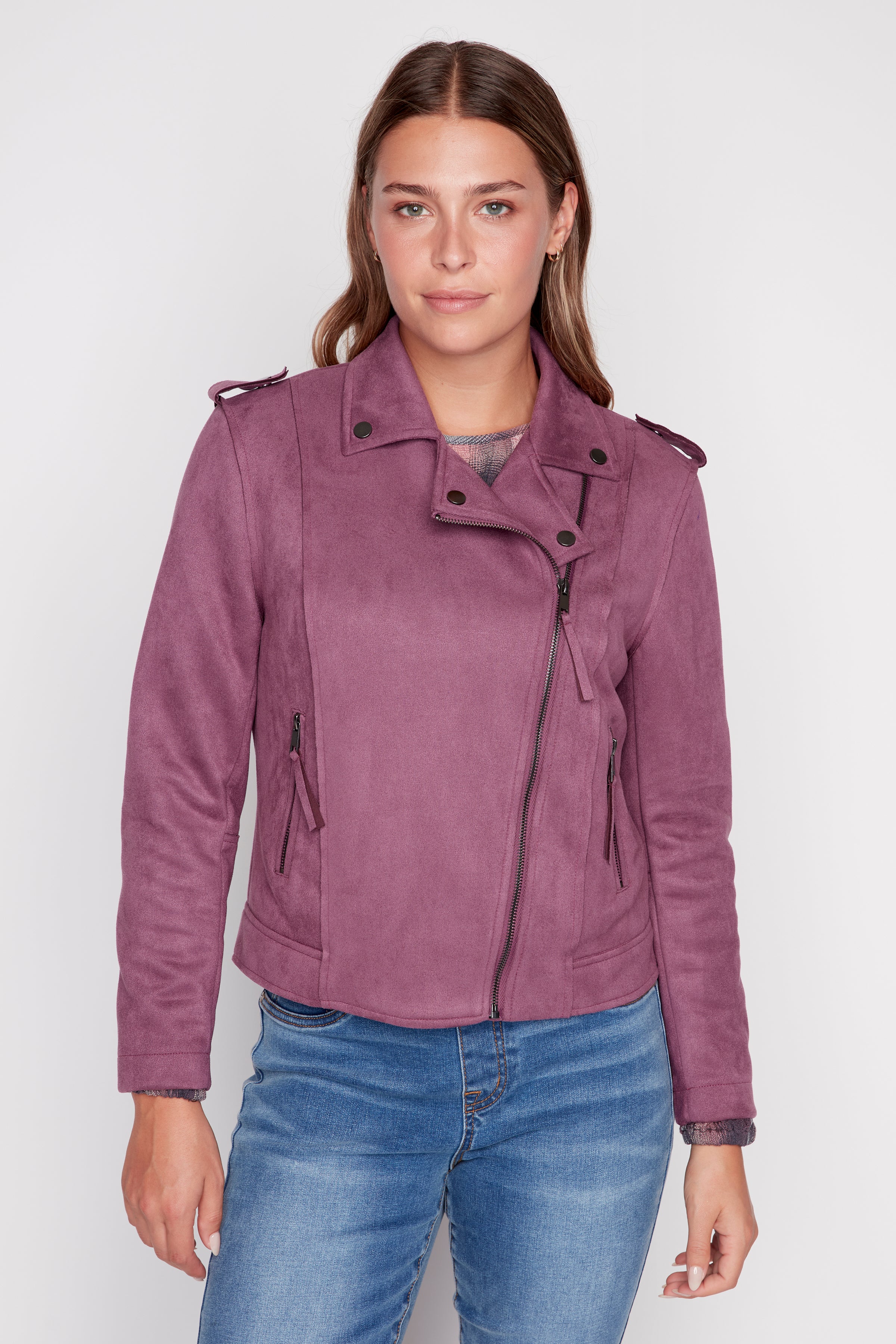 Stretch suede biker jacket