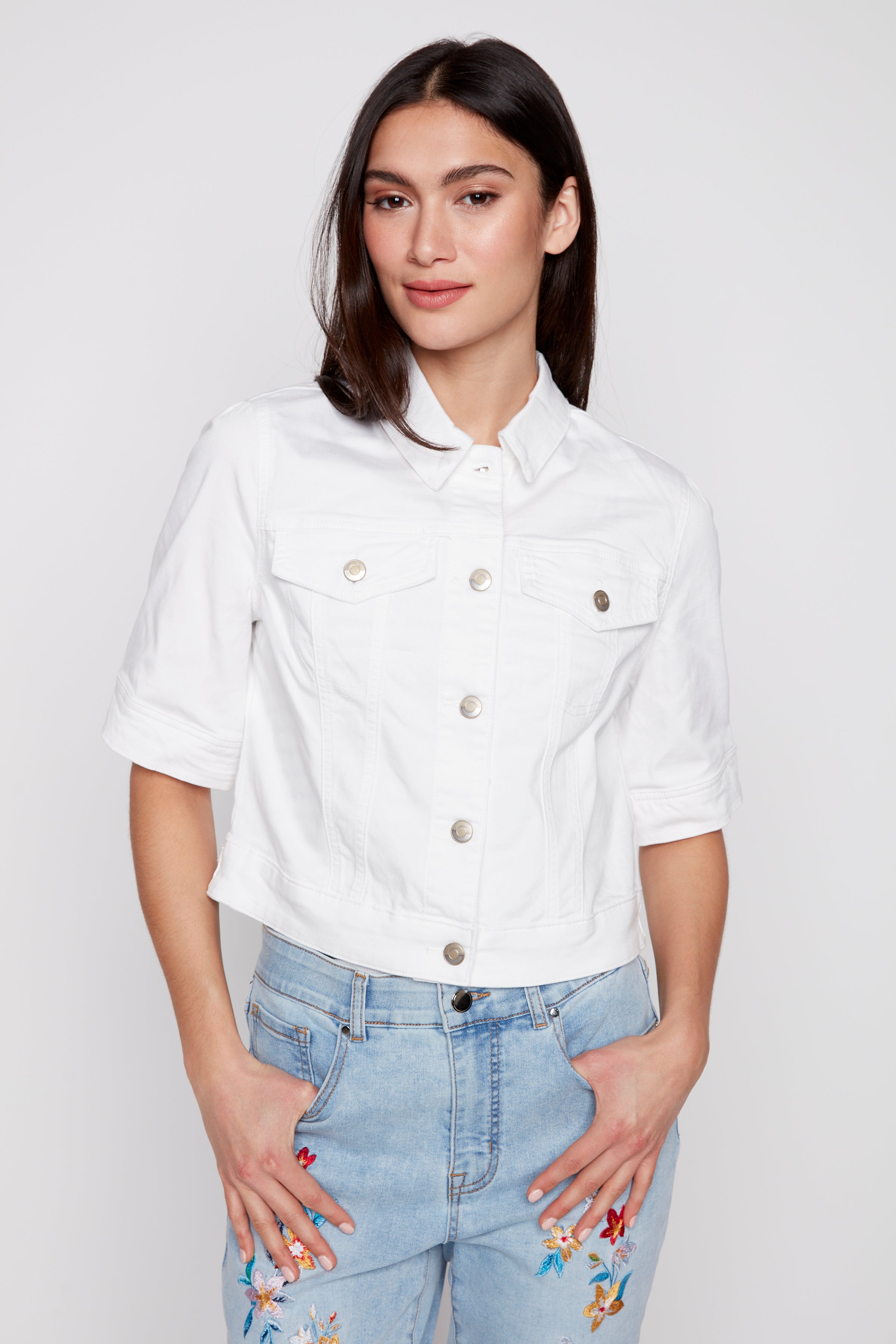 Elbow sleeve white denim jacket