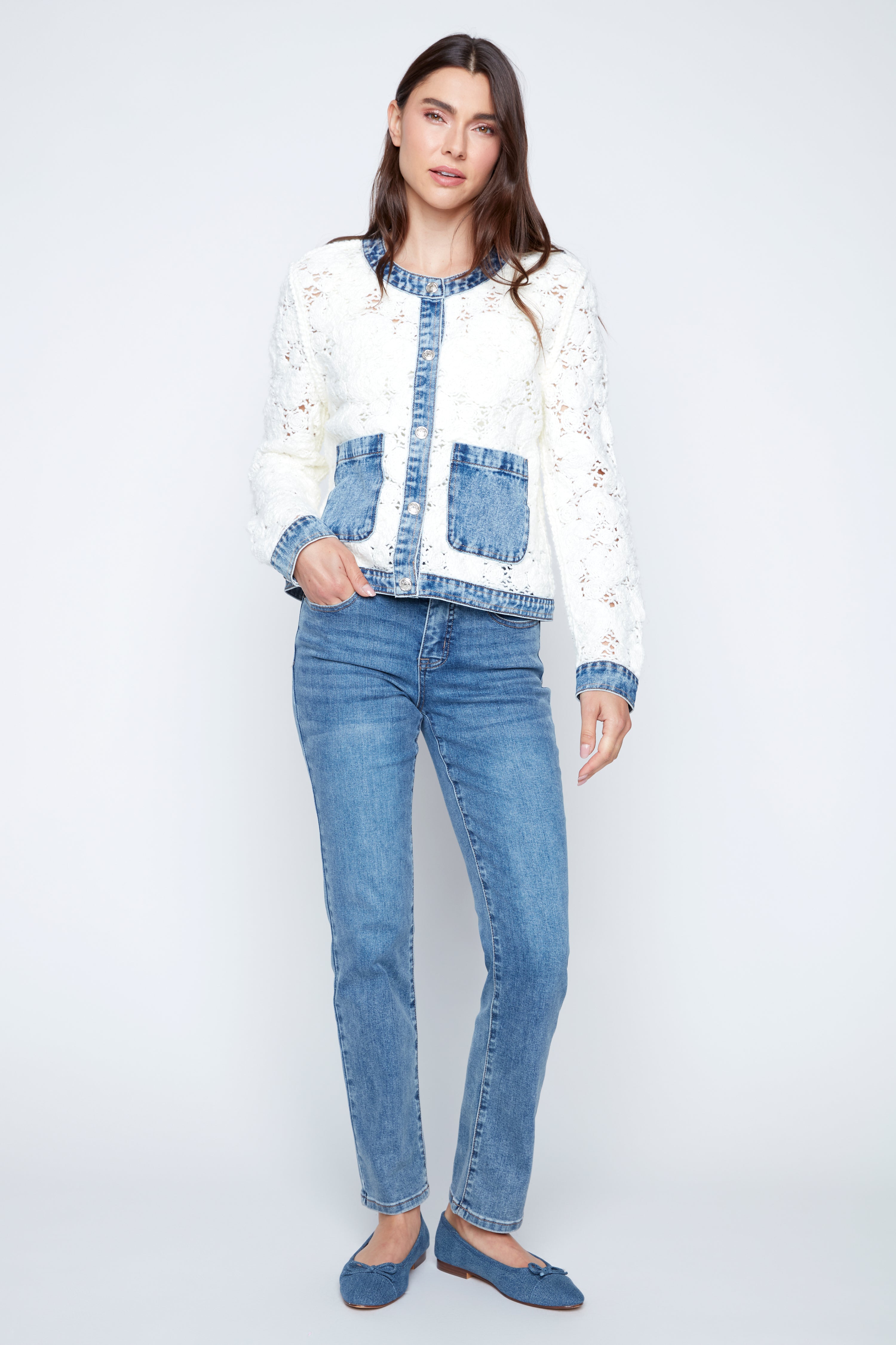 Flower crochet jacket with denim detail