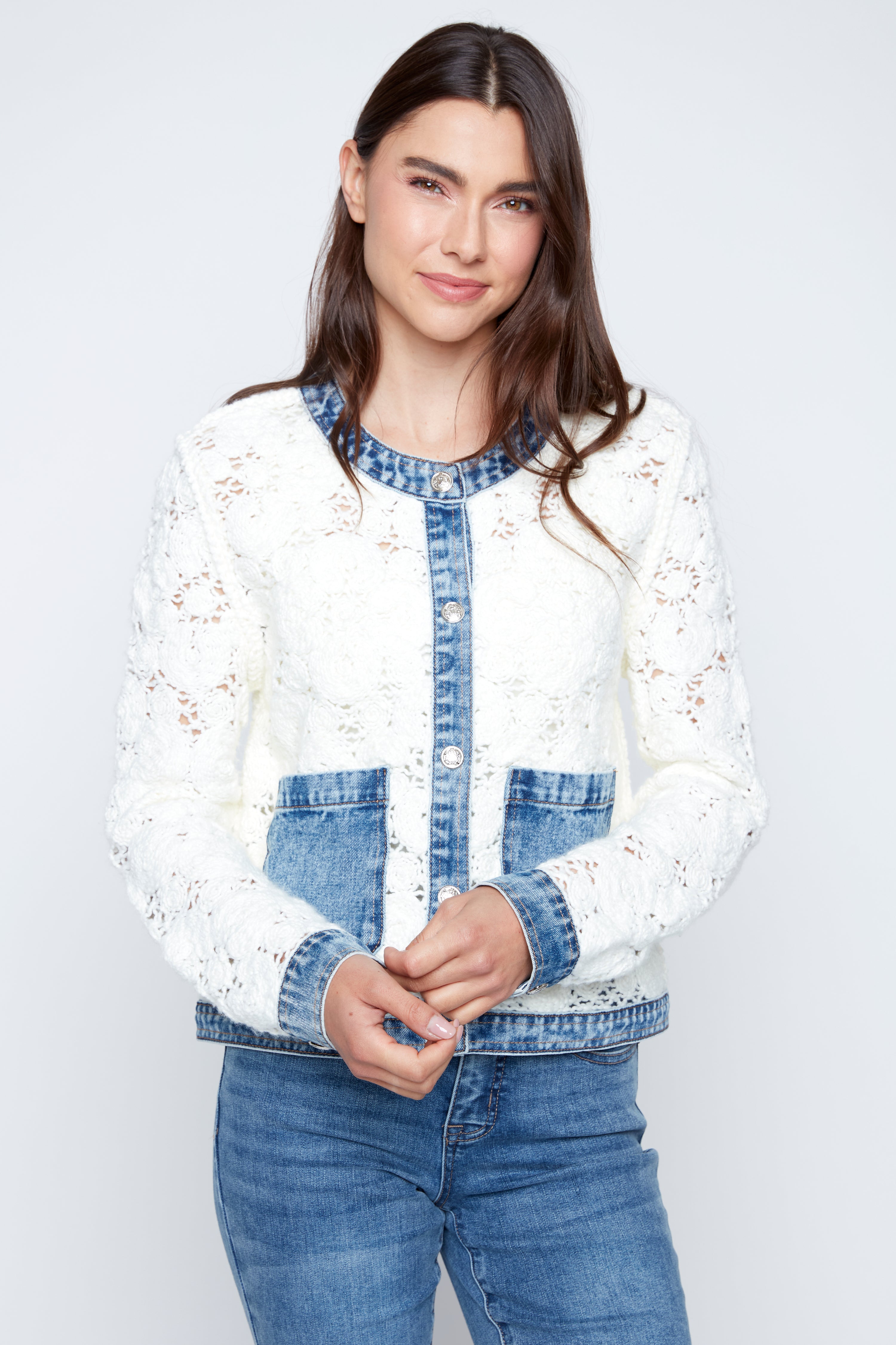 Flower crochet jacket with denim detail