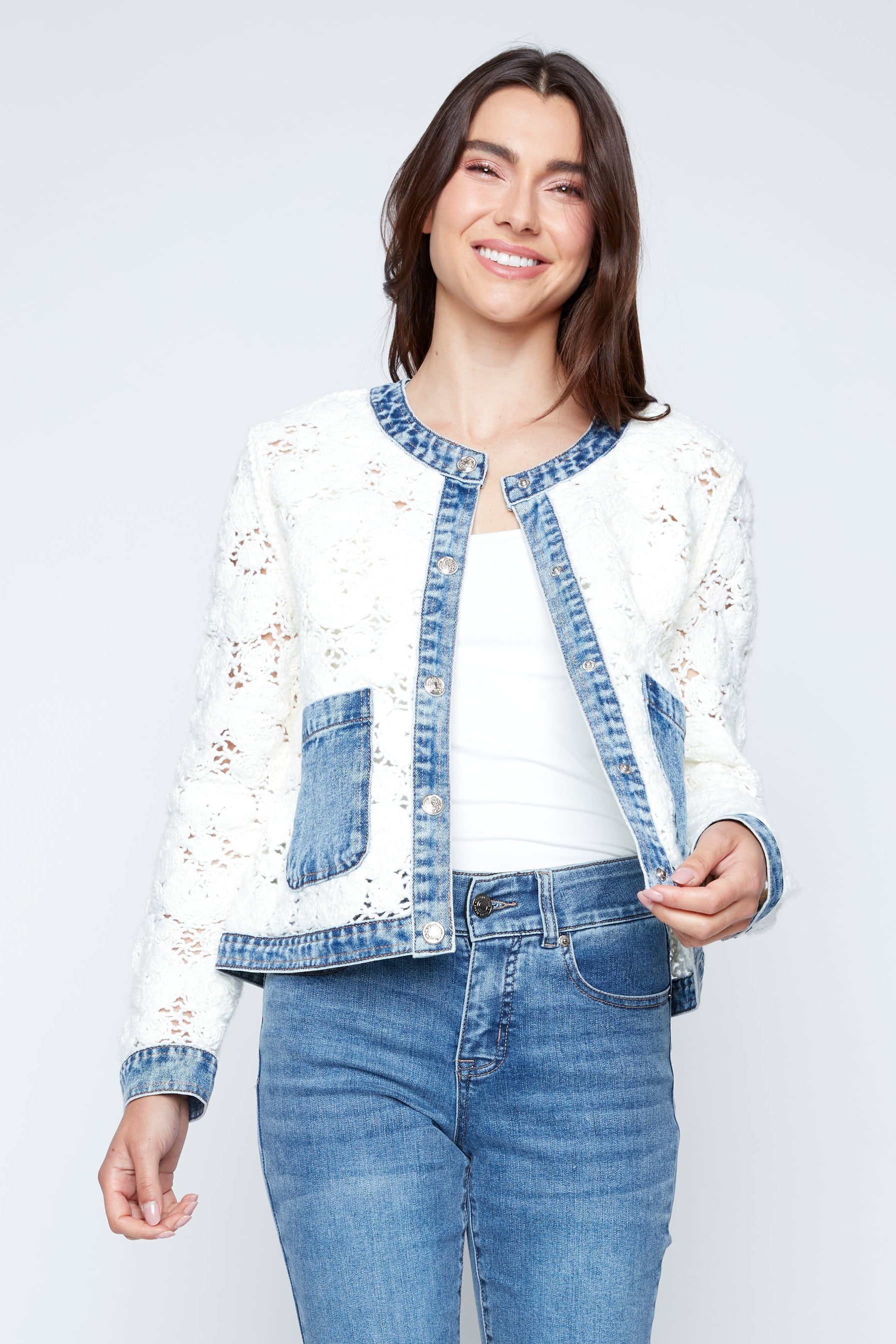 Flower crochet jacket with denim detail
