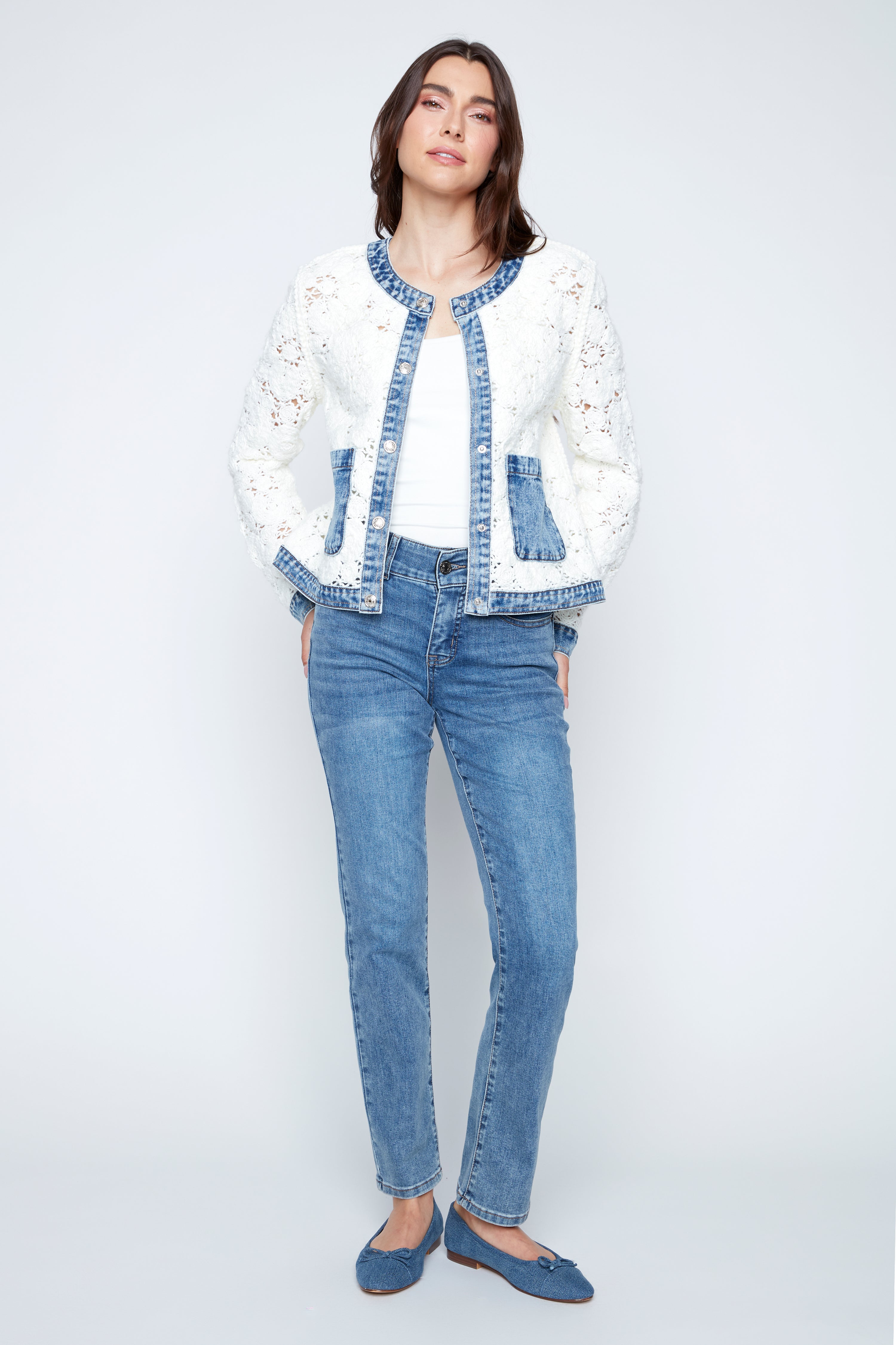 Flower crochet jacket with denim detail