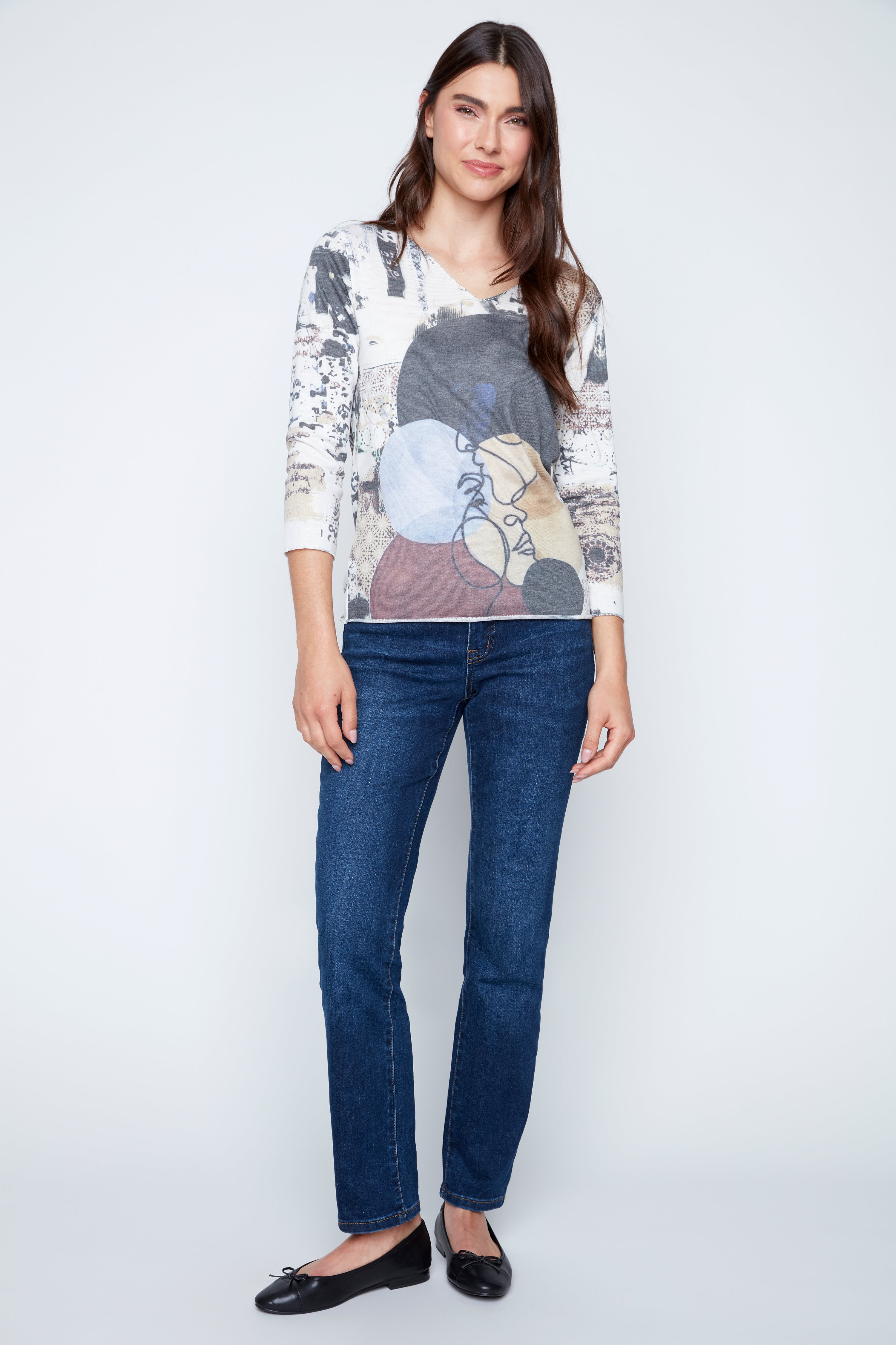 Abstract mixed print V-neck top