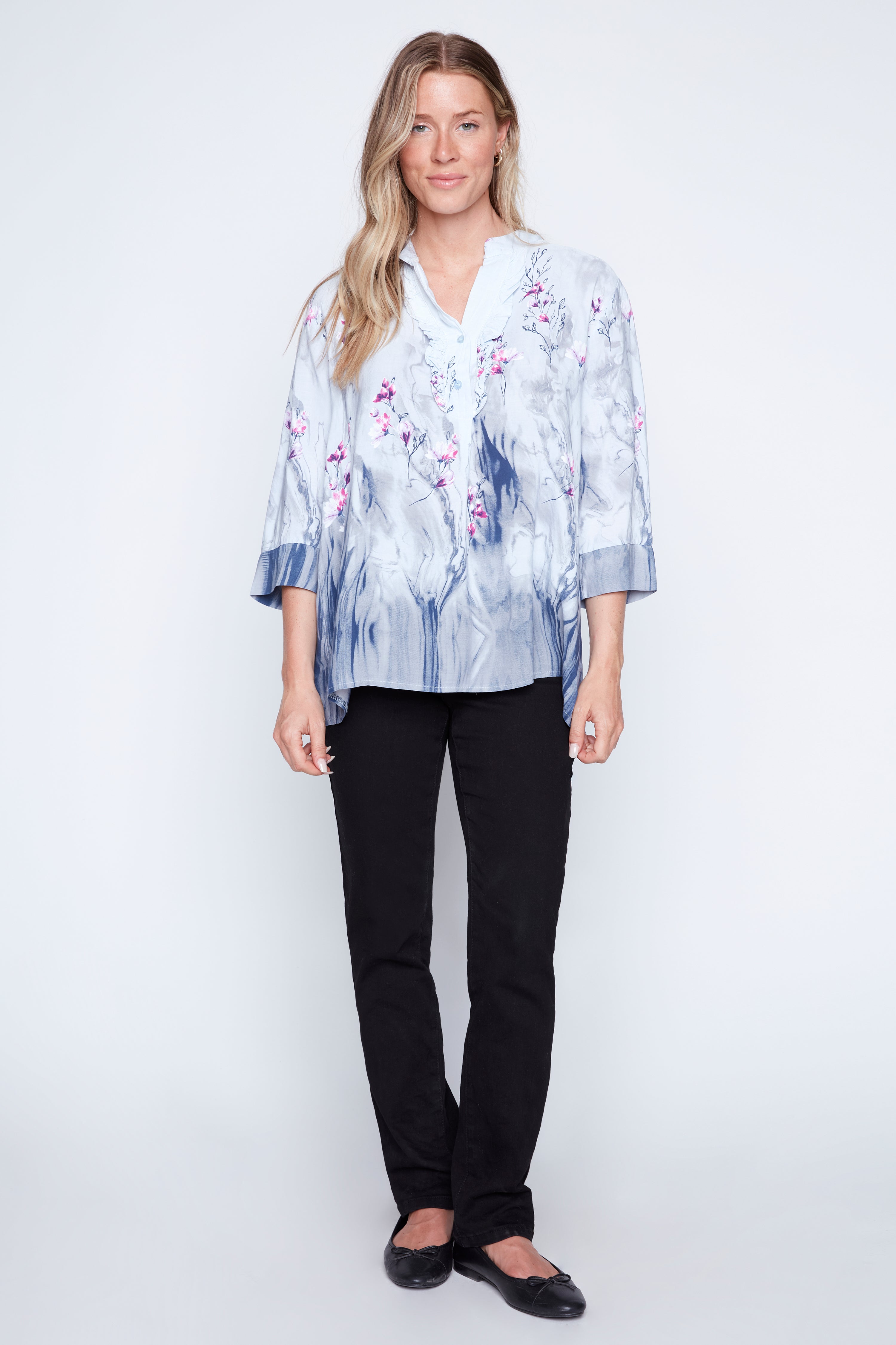 Printed Henley ruffle blouse