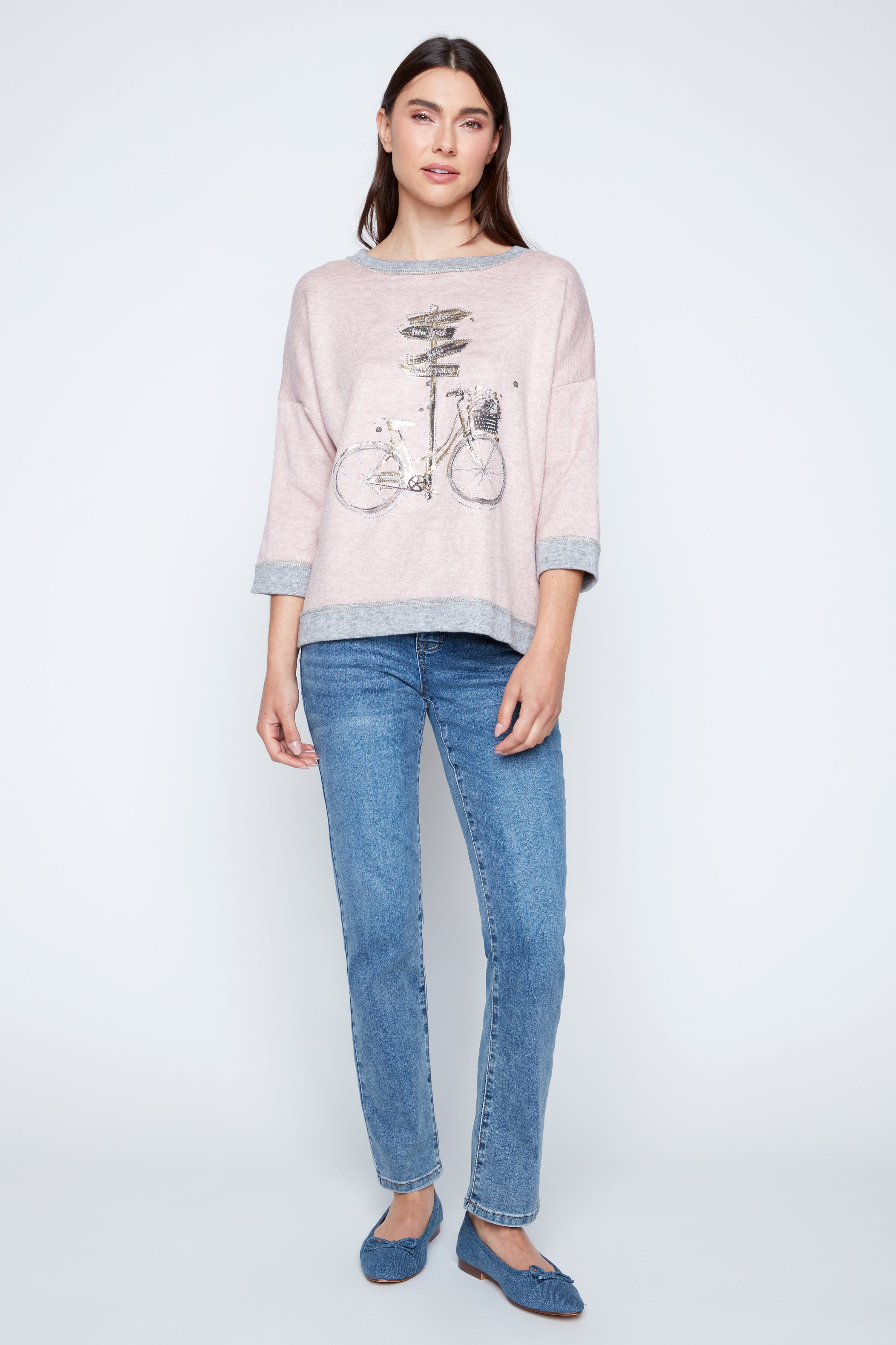 Rhinestone bicycle and sign post print top