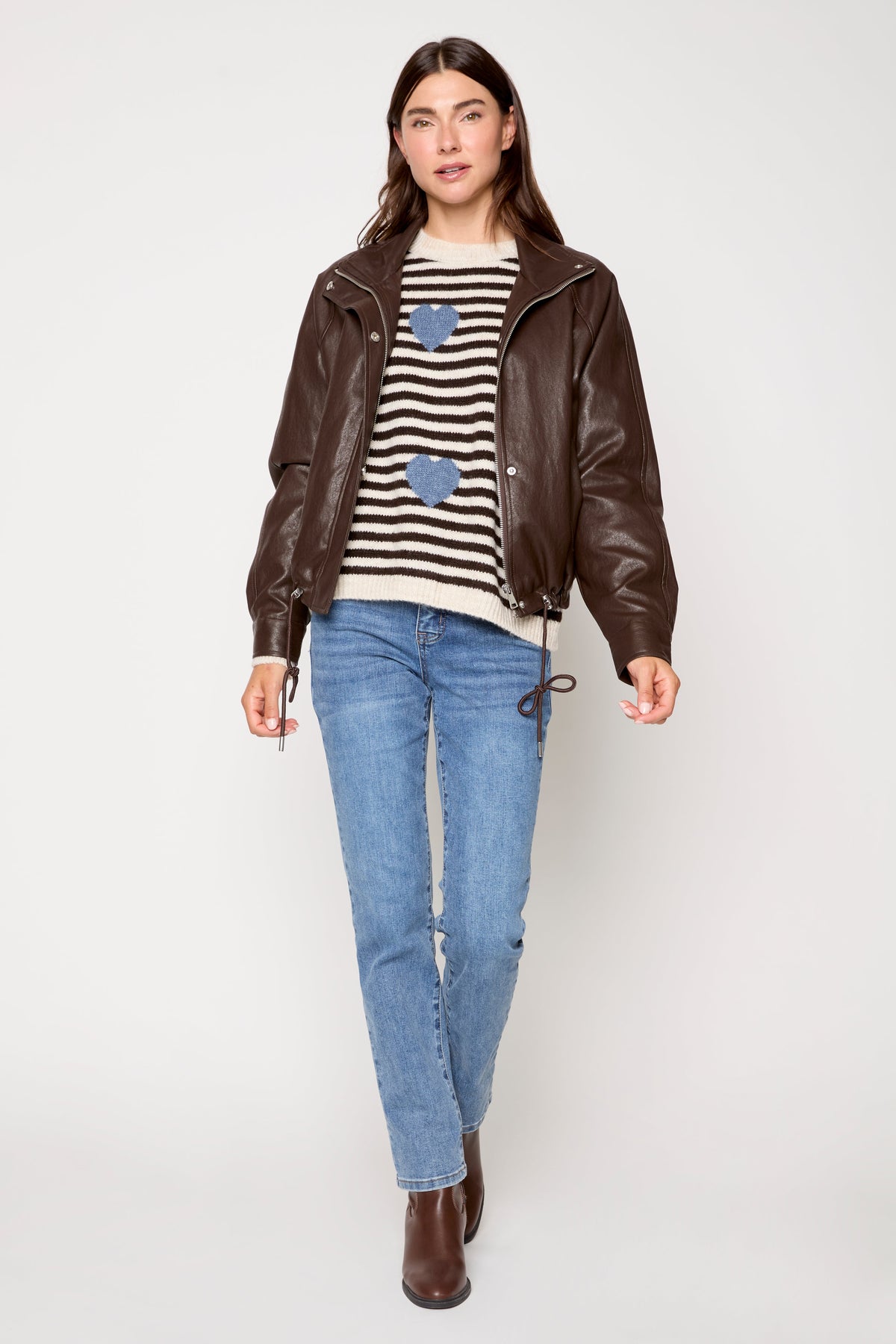 Tribal faux leather zip front jacket in brown - full front view
