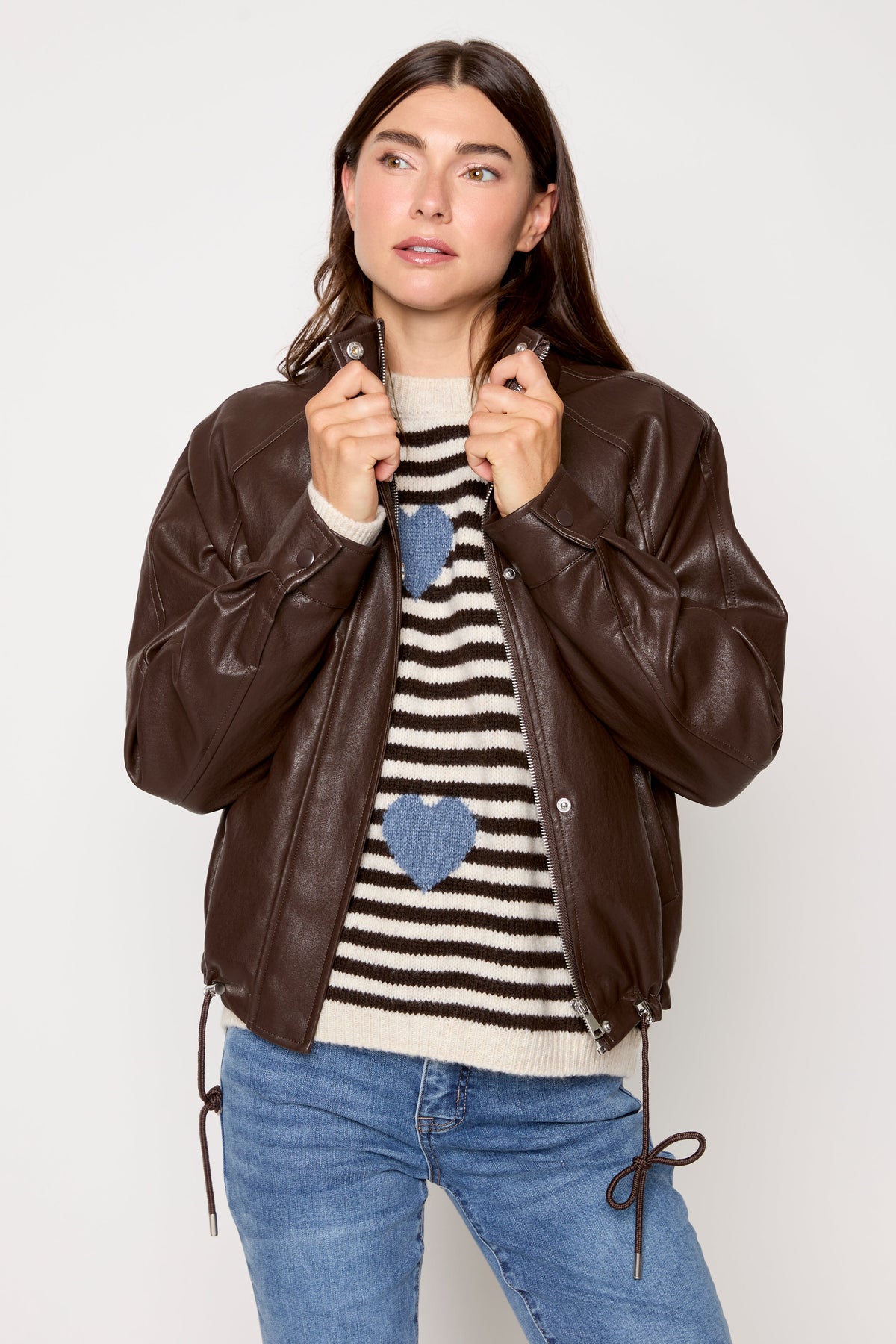 Tribal faux leather zip front jacket in brown - front detail view