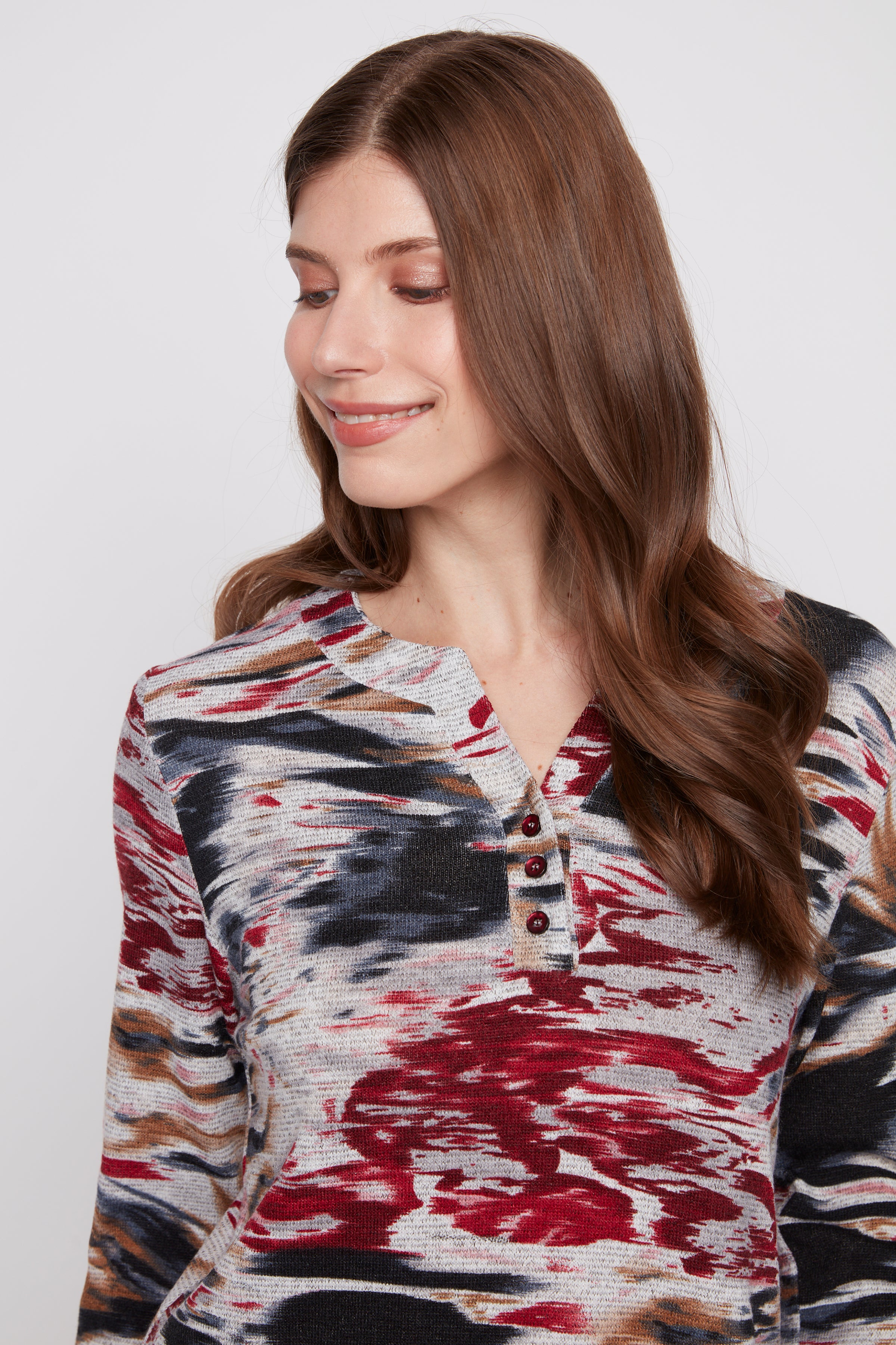 Henley abstract print knit top