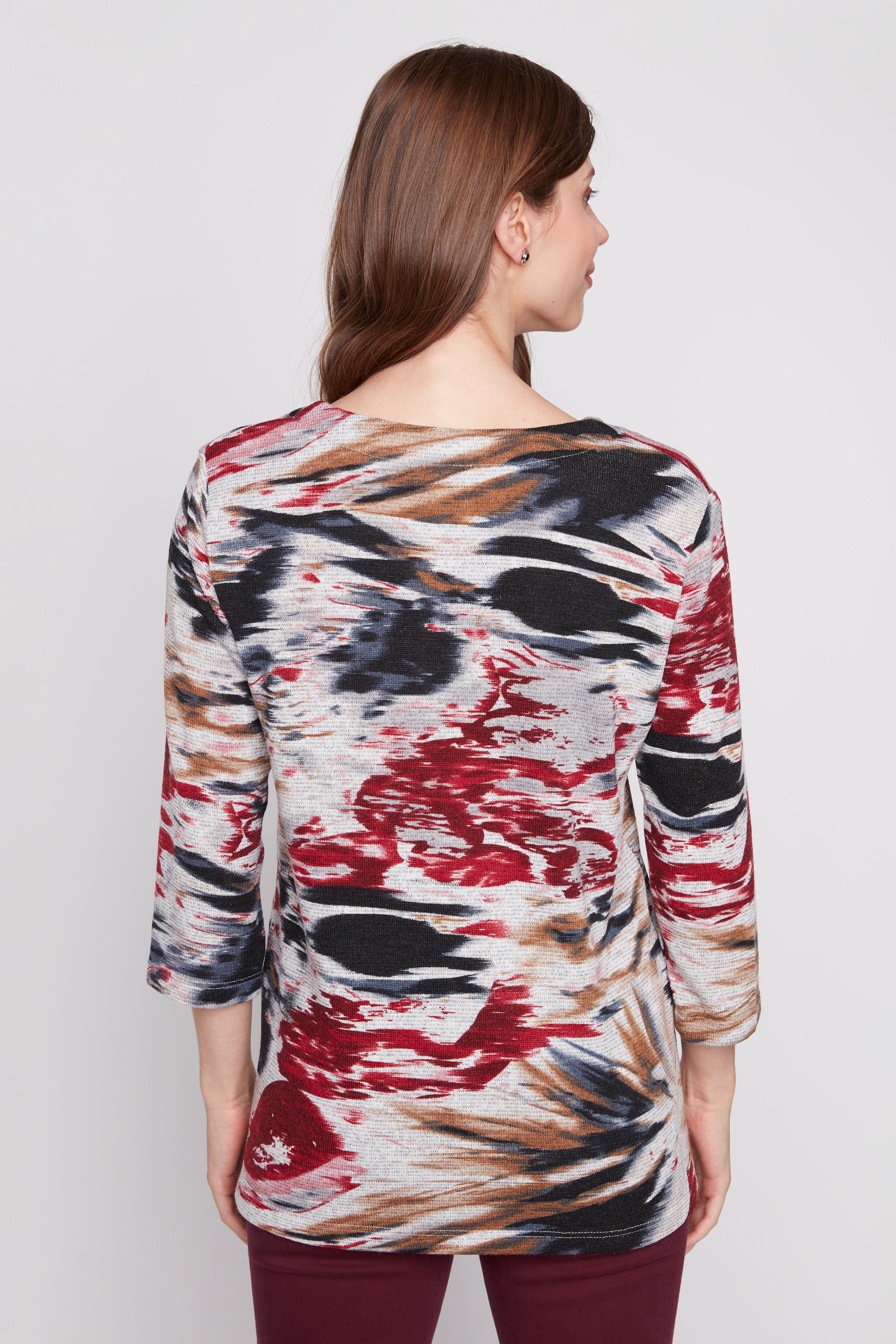 Henley abstract print knit top