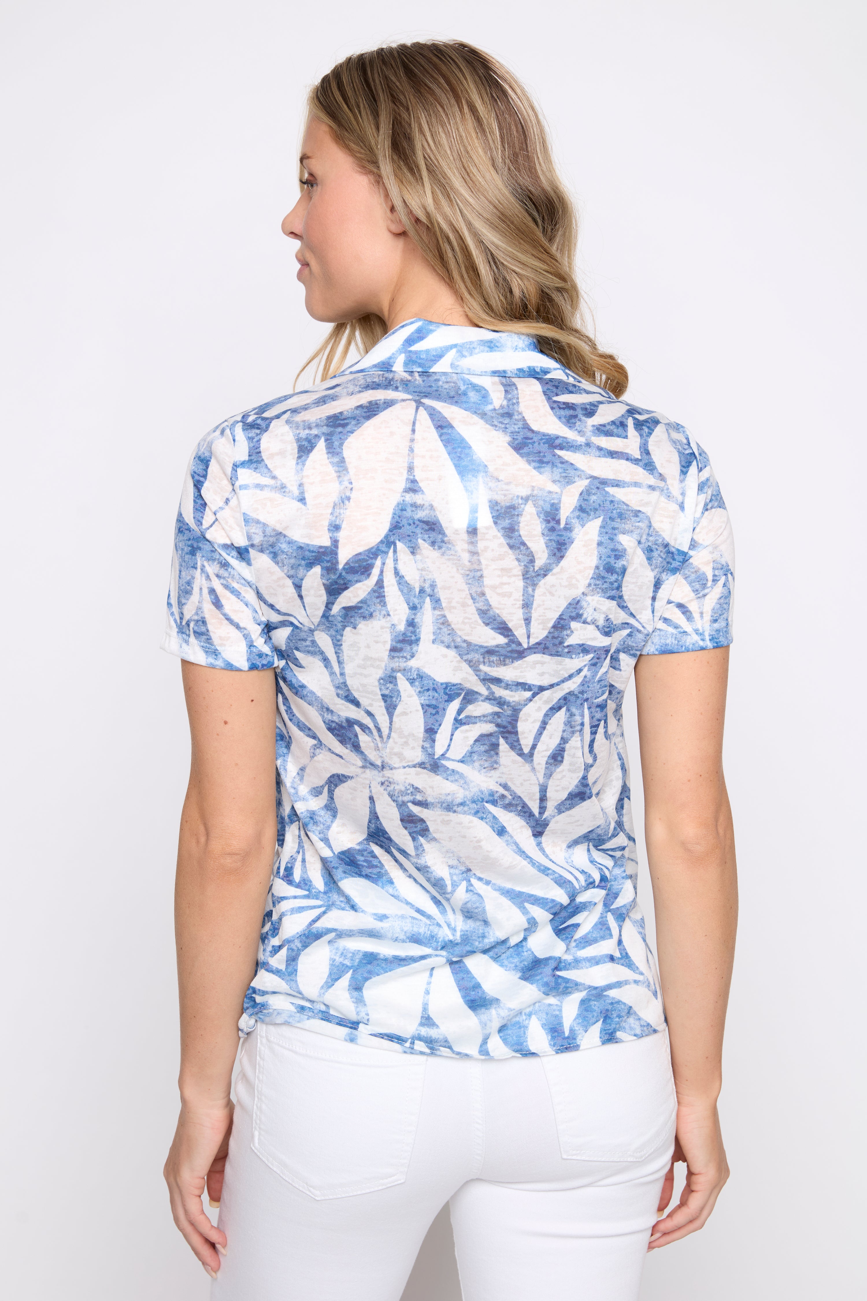 Burn out tie front leaf print blouse
